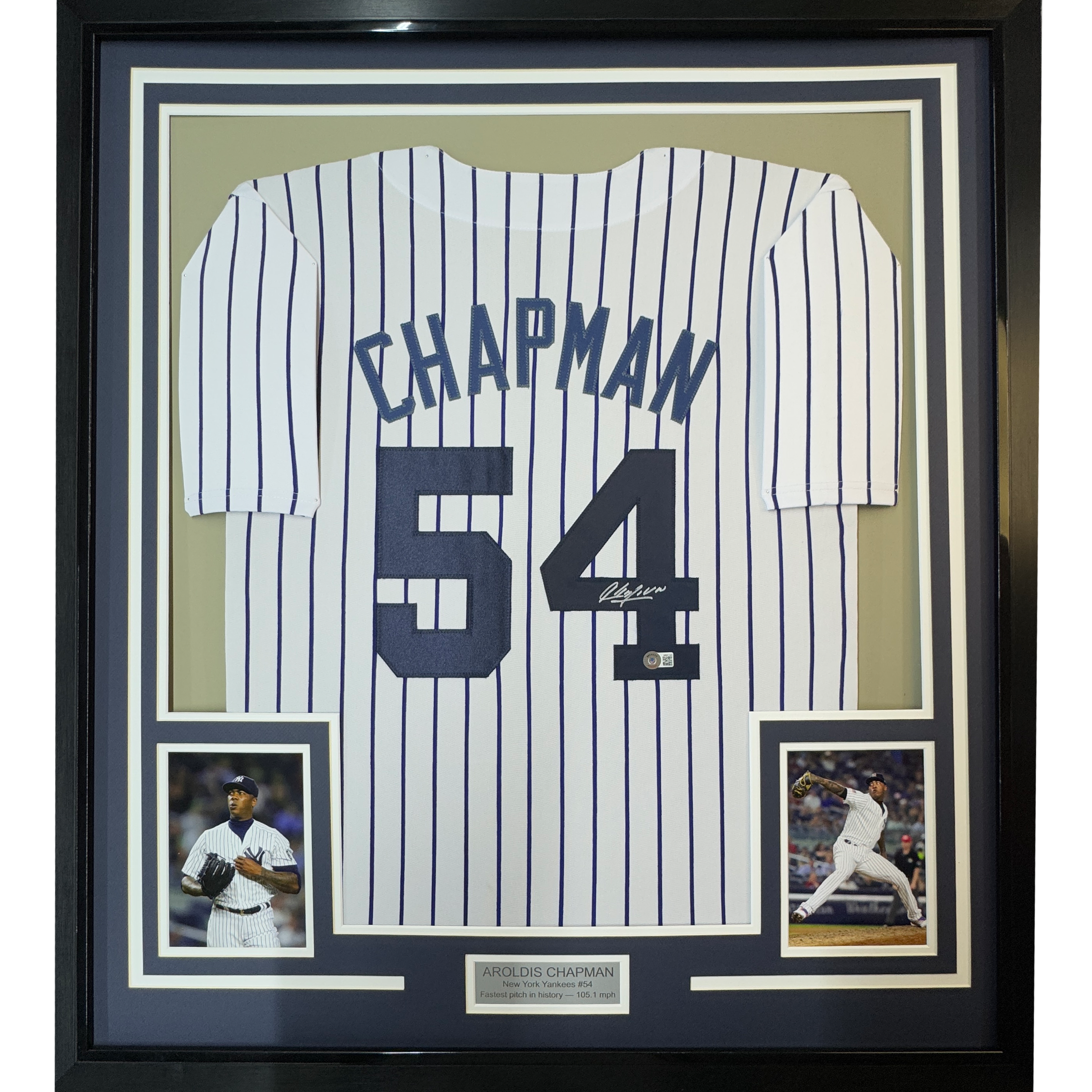 Framed Autographed/Signed Aroldis Chapman 35x39 New York Pinstripe Baseball Jersey Beckett BAS COA