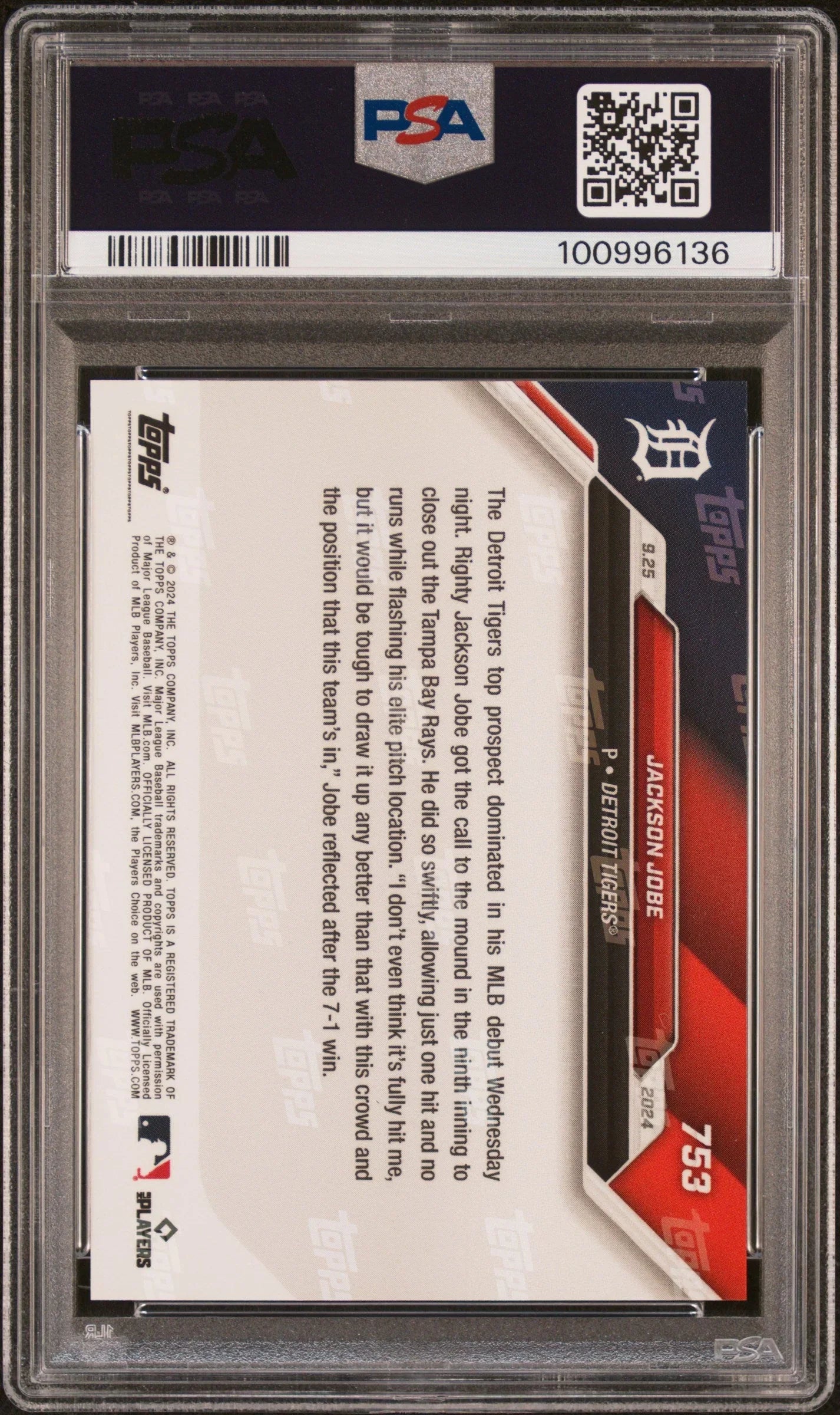 Graded 2024 Topps Now Jackson Jobe #753 Rookie RC Baseball Card PSA 10 Gem Mint