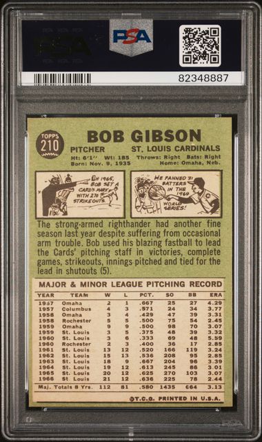Graded 1967 Topps Bob Gibson #210 Baseball Card PSA 7 Near Mint