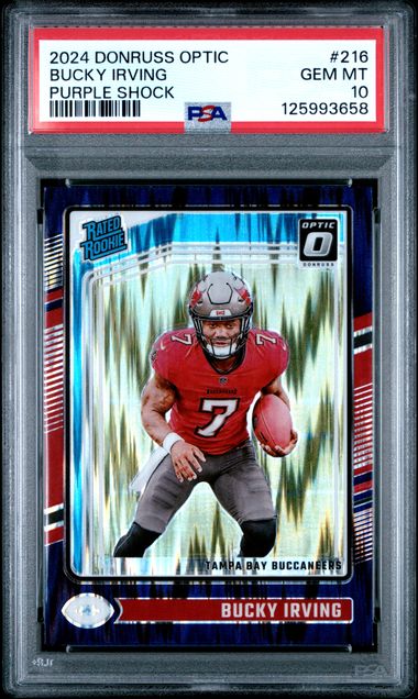 Graded 2024 Panini Donruss Optic Bucky Irving #216 Purple Shock Rookie RC Football Card PSA 10 Gem Mint