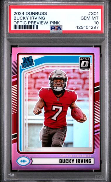Graded 2024 Panini Donruss Bucky Irving #301 Optic Preview Pink Rookie RC Football Card PSA 10 Gem Mint