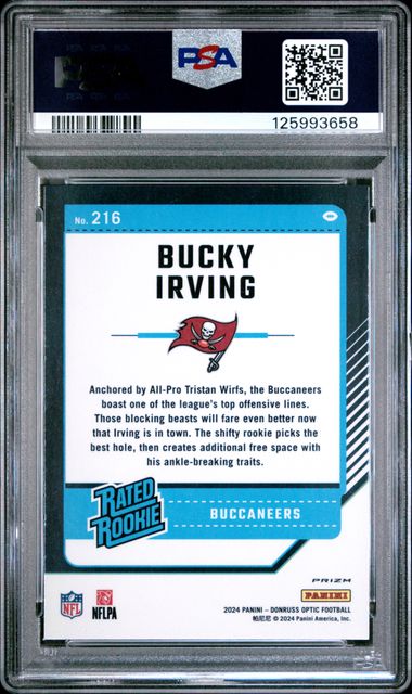 Graded 2024 Panini Donruss Optic Bucky Irving #216 Purple Shock Rookie RC Football Card PSA 10 Gem Mint