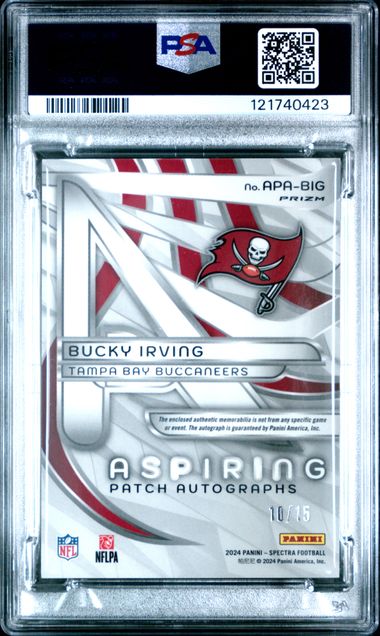 Graded 2024 Panini Spectra Bucky Irving #APABIG /15 Neon Orange RPA Rookie RC Football Card PSA 10 Gem Mint