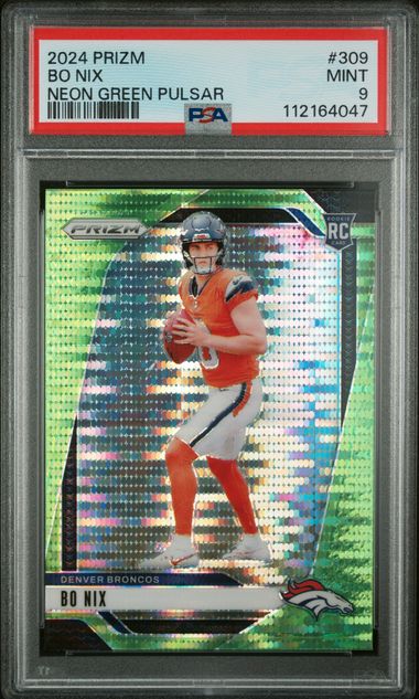 Graded 2024 Panini Prizm Neon Green Pulsar Bo Nix #309 Rookie RC Football Card PSA 9 Mint