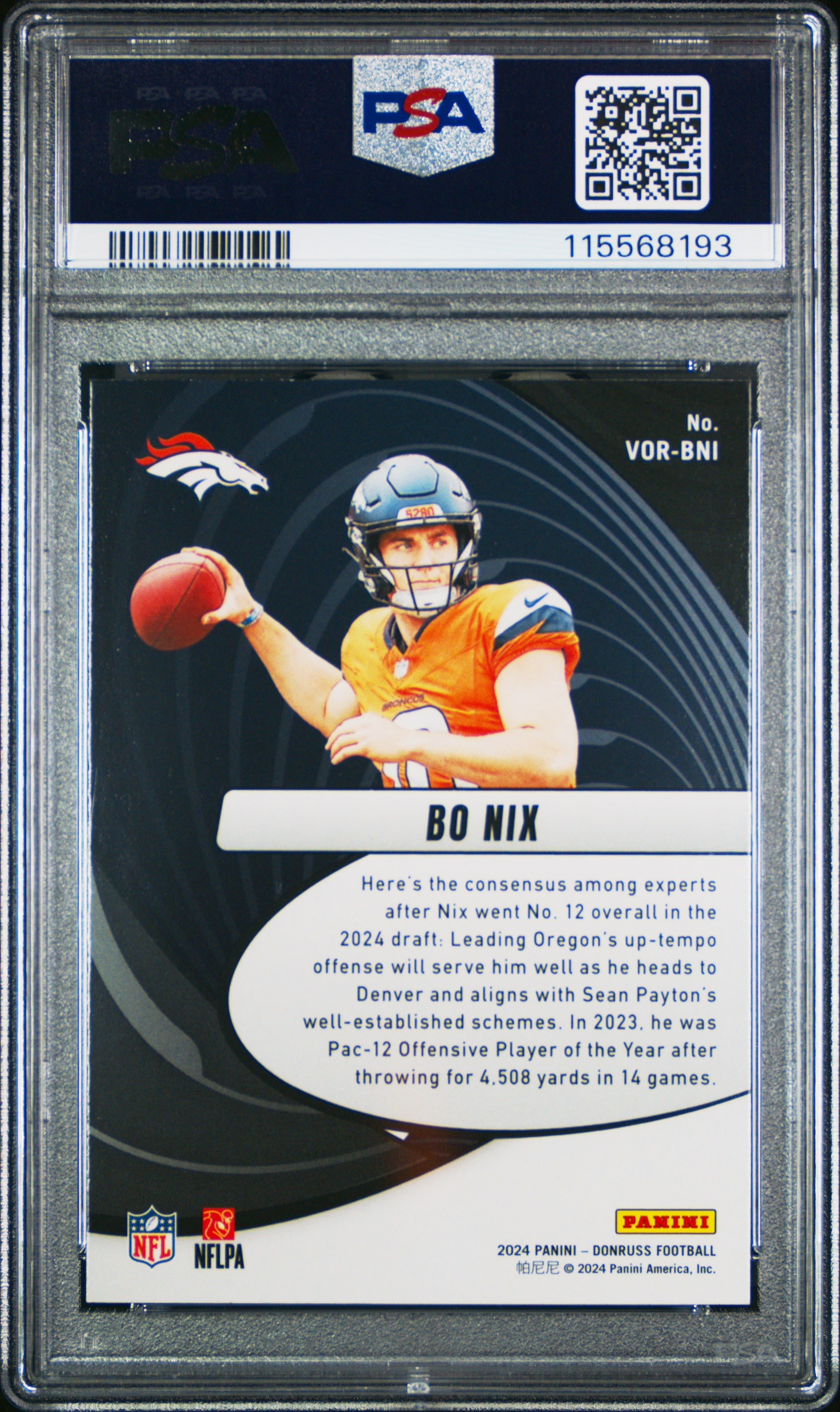 Graded 2024 Panini Donruss Bo Nix #VORBNI Vortex Rookie RC Football Card PSA 10 Gem Mint