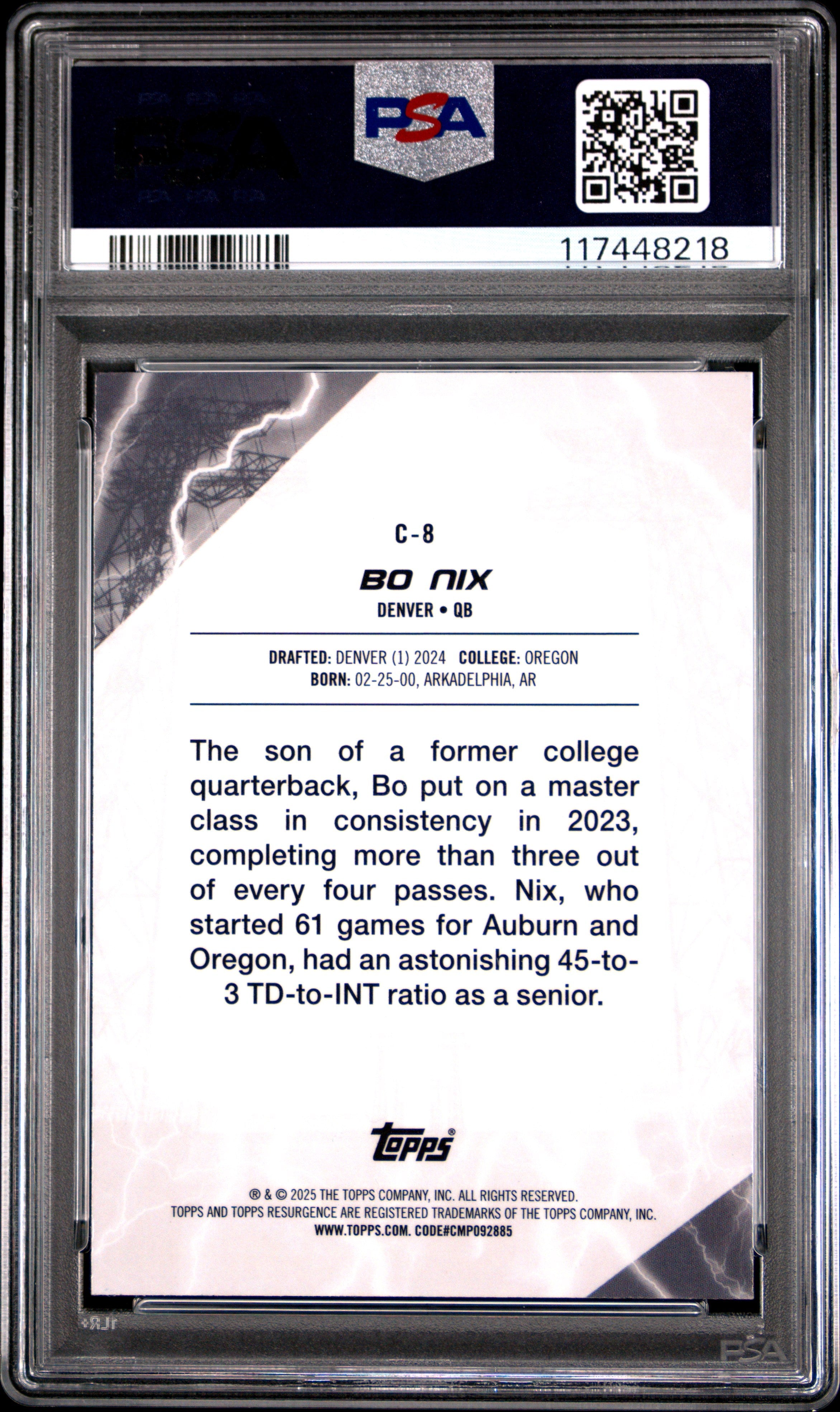 Graded 2024 Topps Resurgence Bo Nix #C8 Conductors Rookie RC Football Card PSA 10 Gem Mint