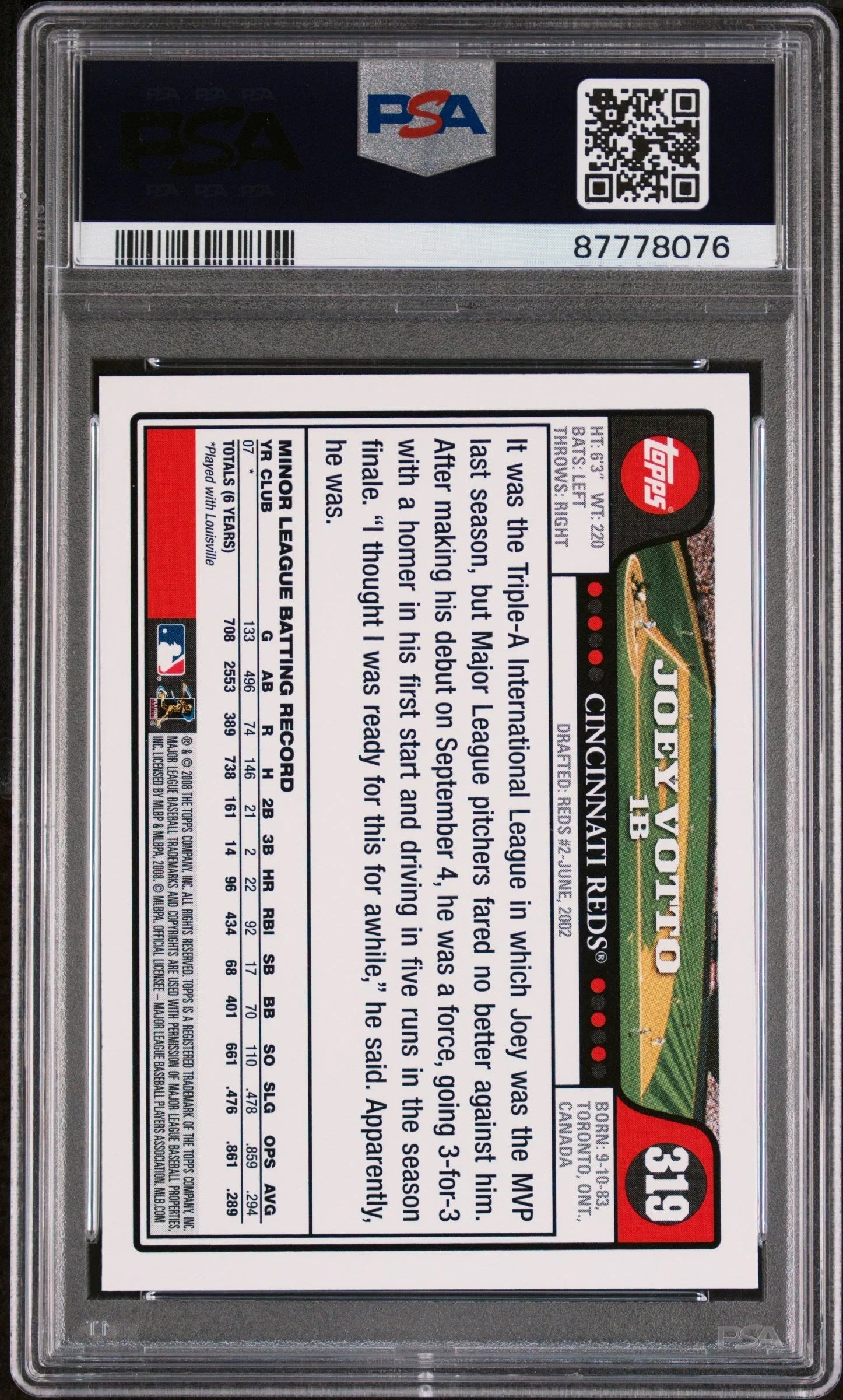Graded 2008 Topps Joey Votto #319 Rookie RC Baseball Card PSA 10 Gem Mint
