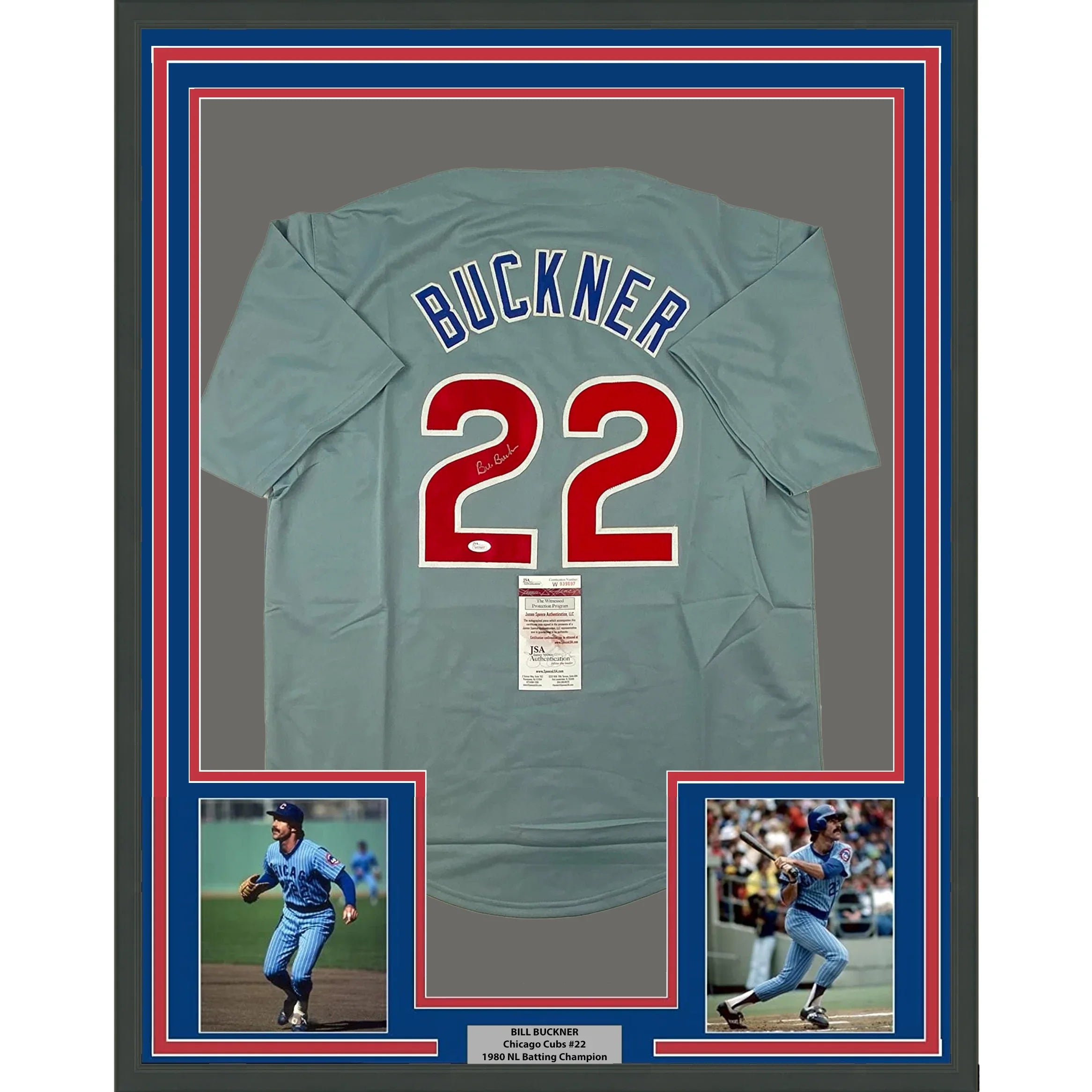 Framed Autographed/Signed Bill Buckner 35x39 Chicago Grey Baseball Jersey JSA COA