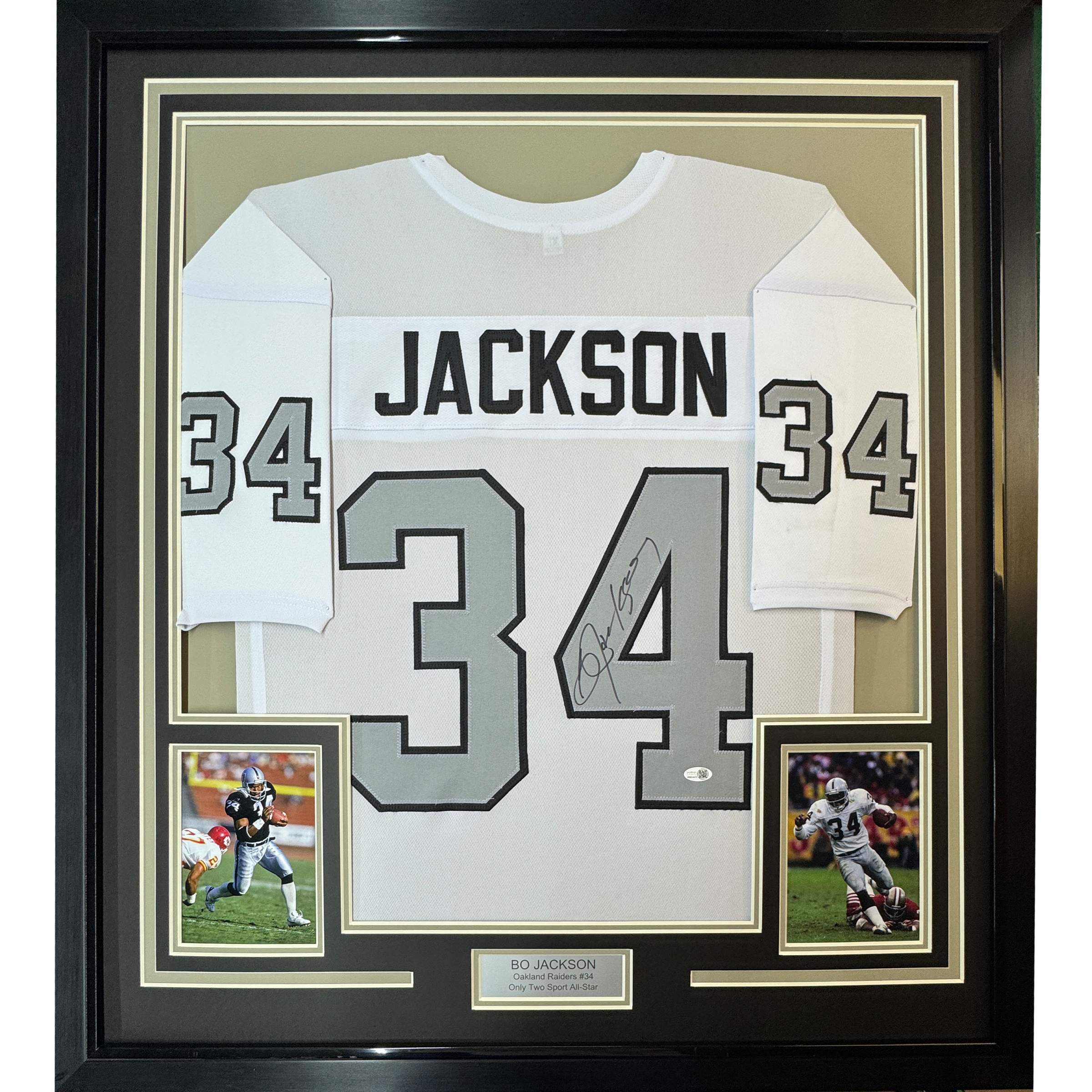 Framed Autographed/Signed Bo Jackson 35x39 Oakland White Color Rush Football Jersey JSA COA