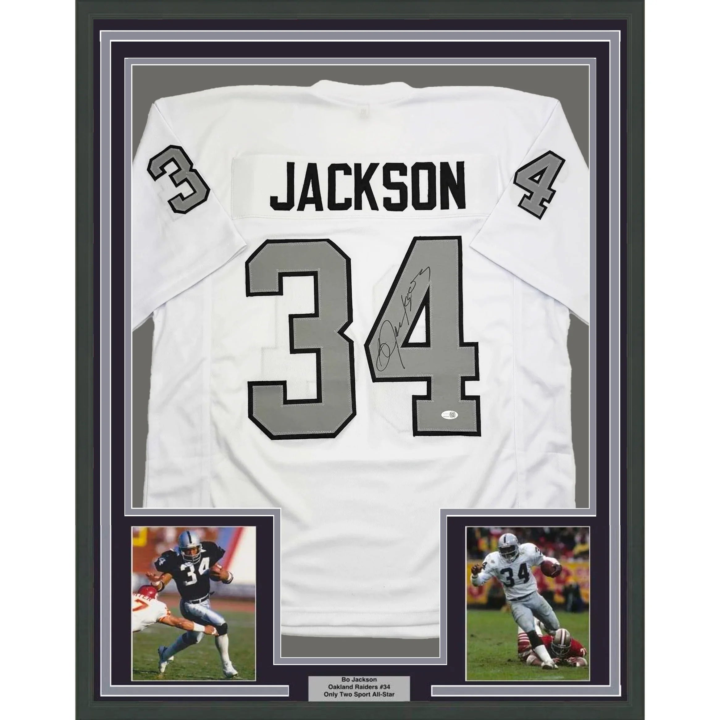 Framed Autographed/Signed Bo Jackson 35x39 Oakland White Color Rush Football Jersey JSA COA