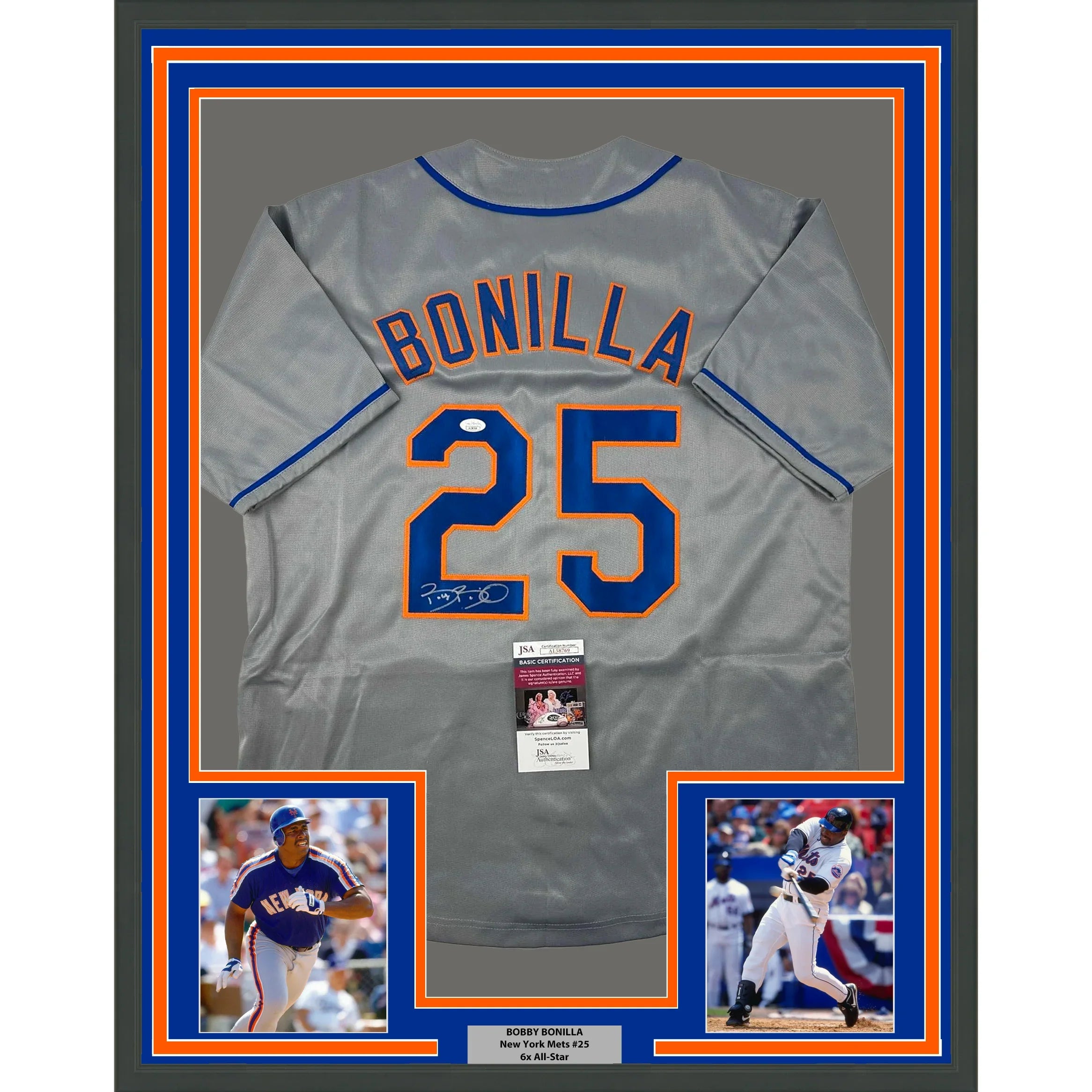 Framed Autographed/Signed Bobby Bonilla 35x39 New York Grey Baseball Jersey JSA COA