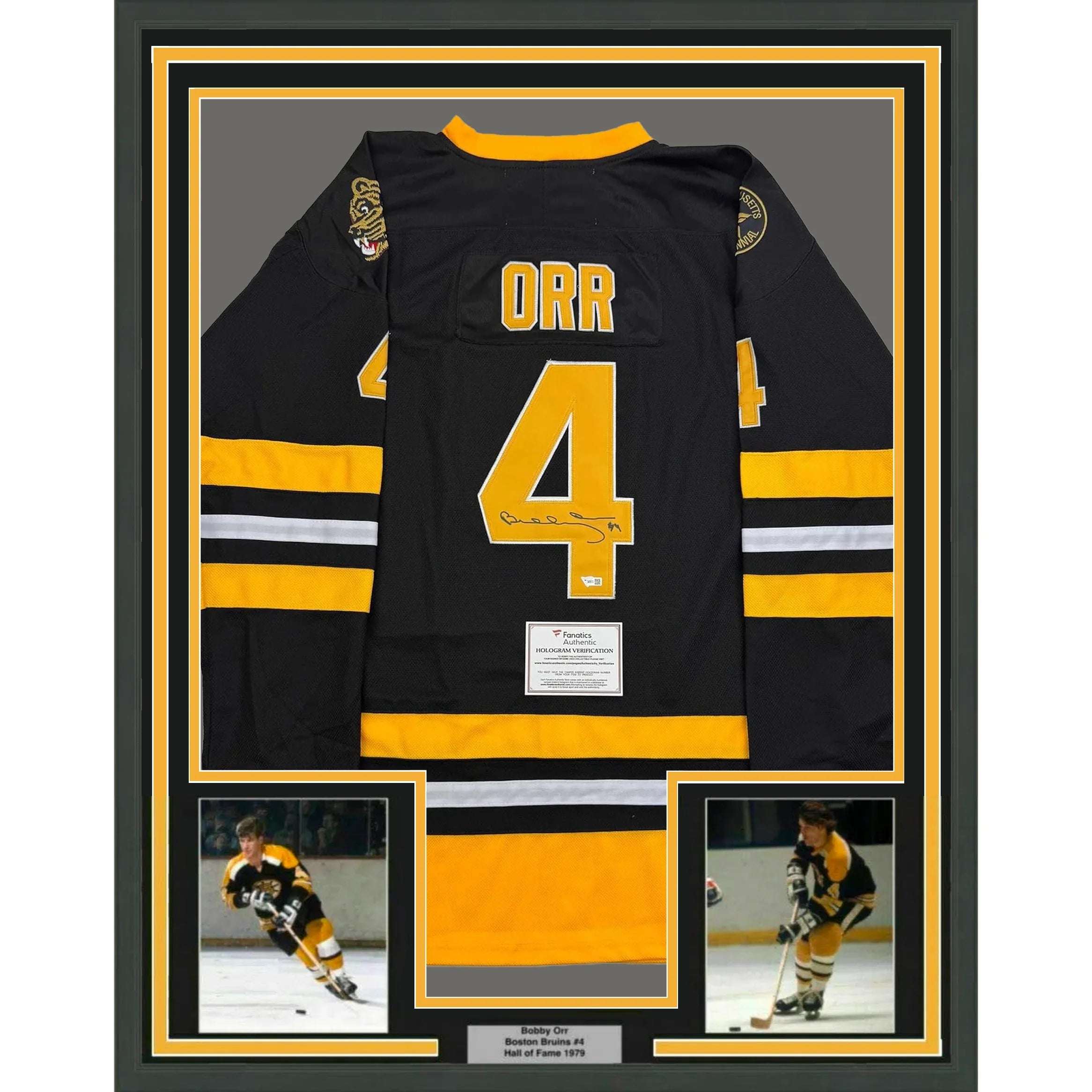 Framed Autographed/Signed Bobby Orr 35x39 Boston Bruins Black Hockey Jersey Fanatics COA