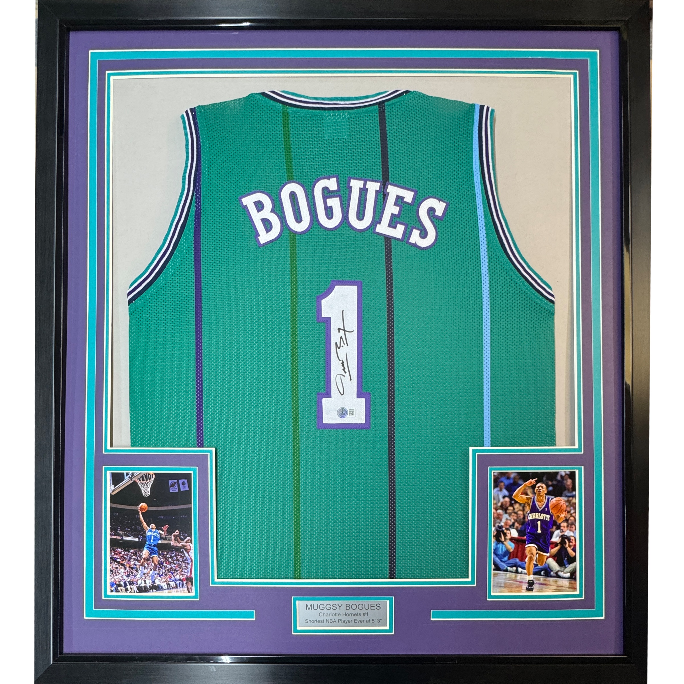 Framed Autographed/Signed Muggsy Bogues 35x39 Charlotte Teal Basketball Jersey PSA/DNA COA