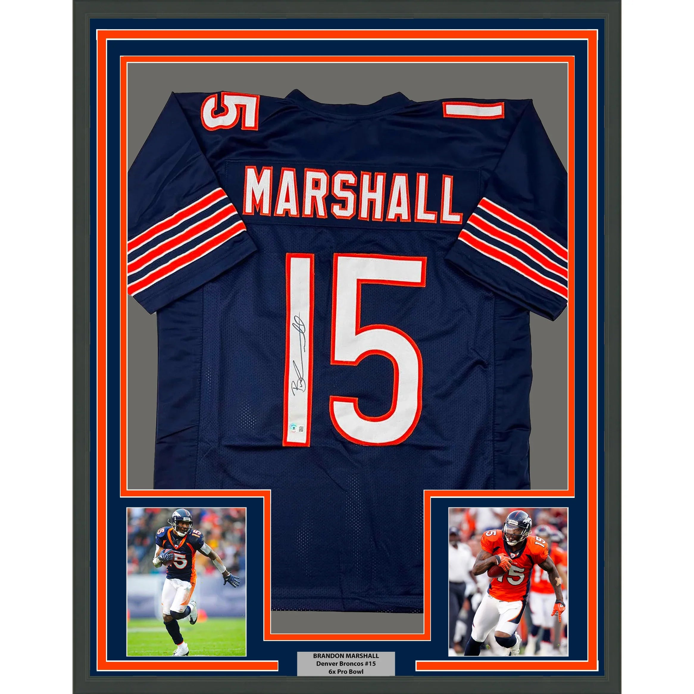 Framed Autographed/Signed Brandon Marshall 35x39 Chicago Blue Football Jersey Beckett BAS COA