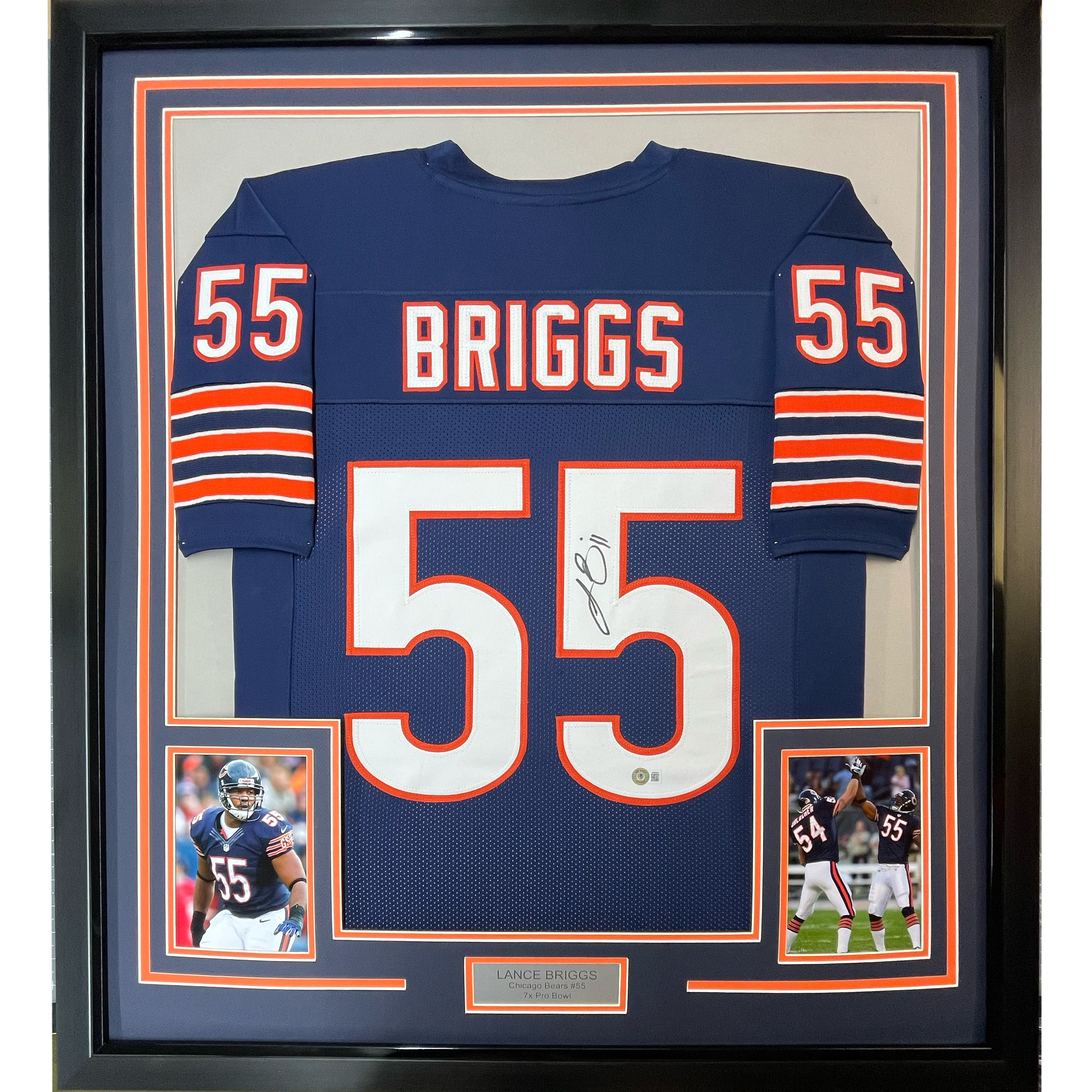 Framed Autographed/Signed Lance Briggs 35x39 Chicago Blue Football Jersey Beckett BAS COA