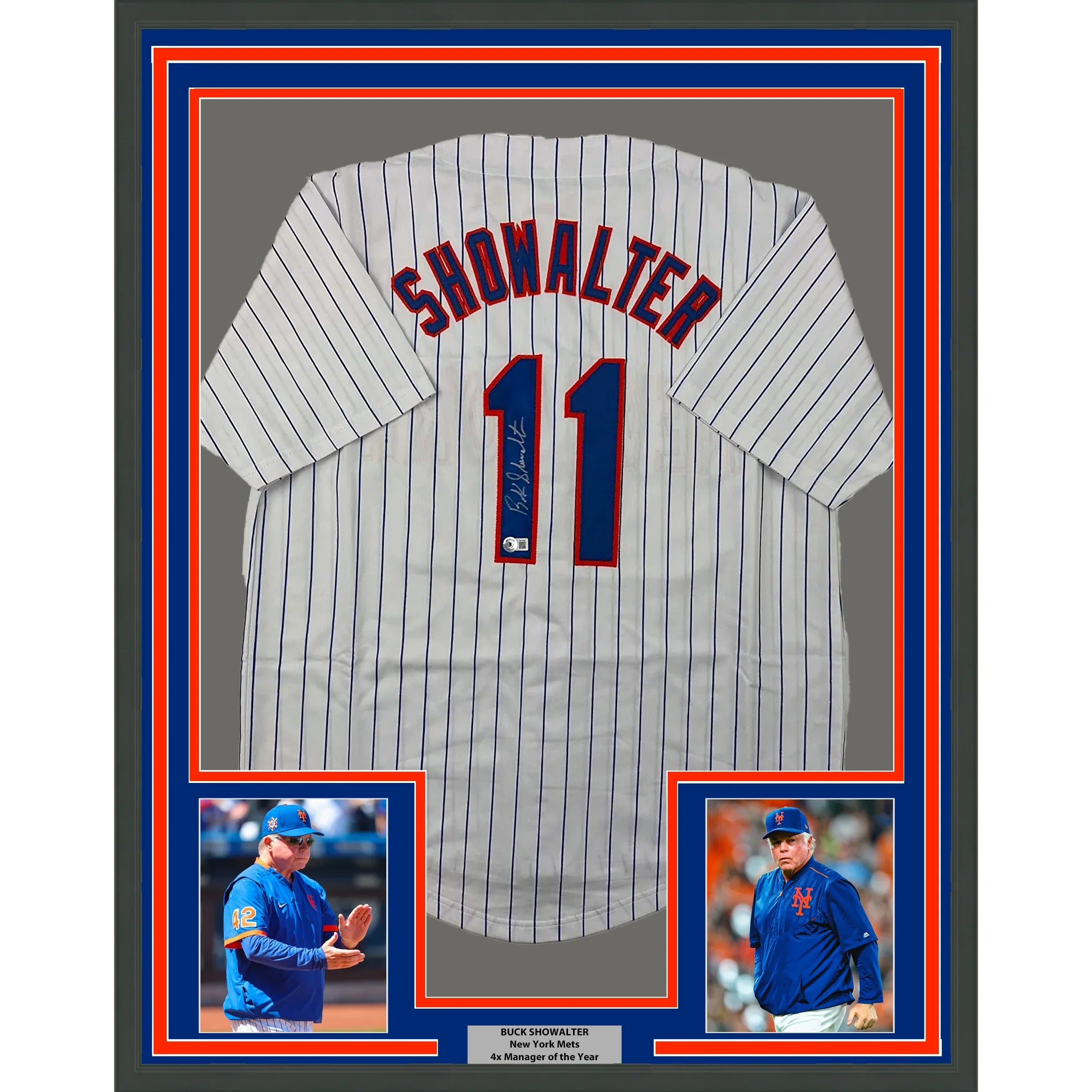 Framed Autographed/Signed Buck Showalter 35x39 New York Pinstripe Baseball Jersey Beckett BAS COA