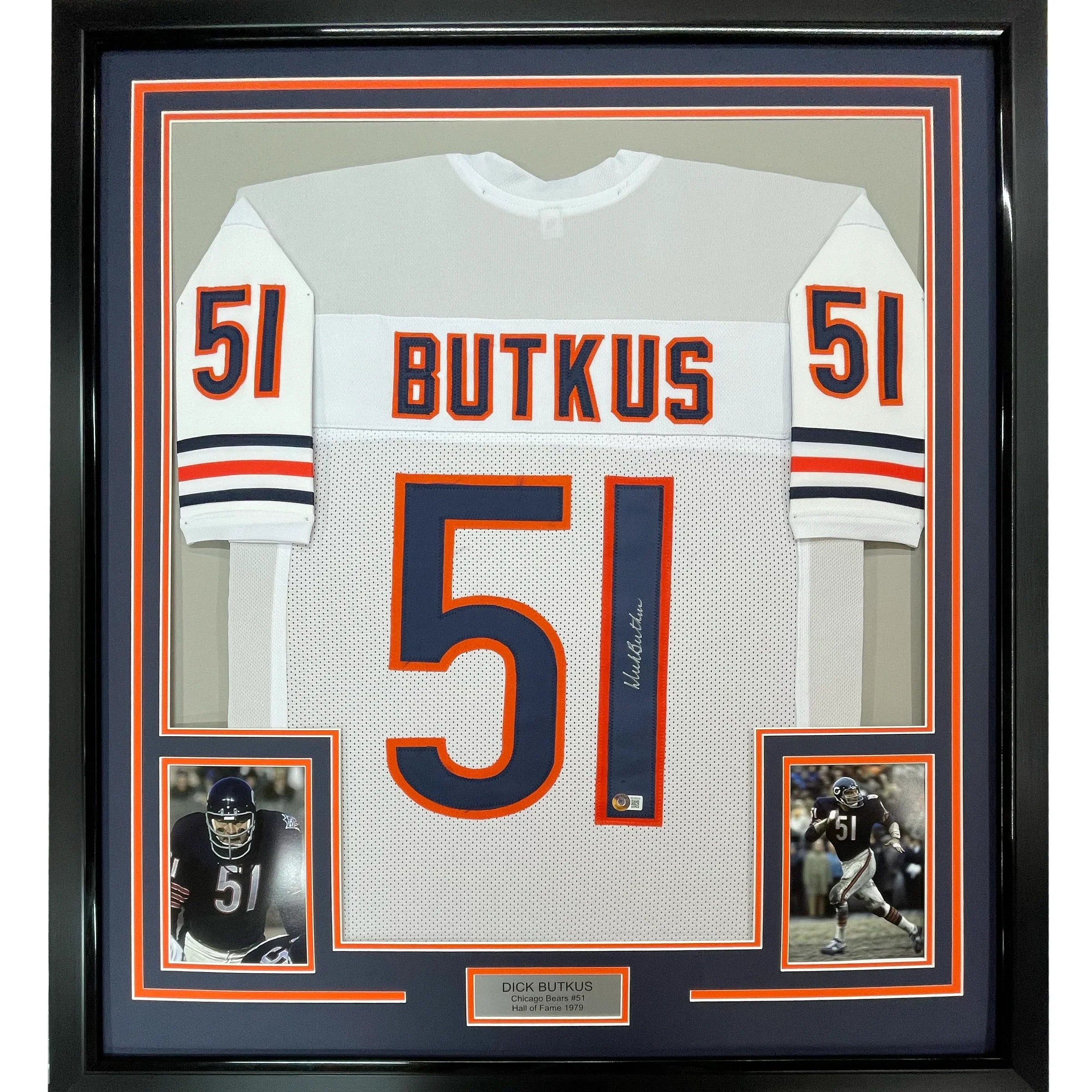 Framed Autographed/Signed Dick Butkus 35x39 Chicago Bears White Football Jersey JSA COA