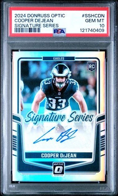 Graded 2024 Panini Donruss Optic Signature Series Cooper DeJean #SSHCDN Auto Rookie RC Football Card PSA 10 Gem Mint