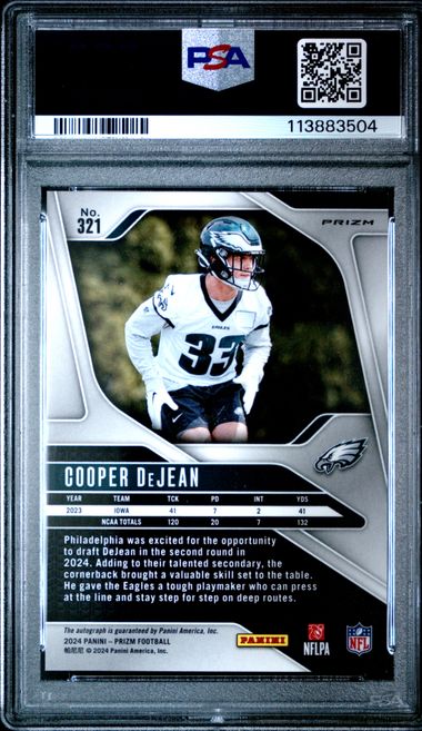 Graded 2024 Panini Prizm Autograph Cooper DeJean #321 Rookie RC Football Card PSA 10 Gem Mint
