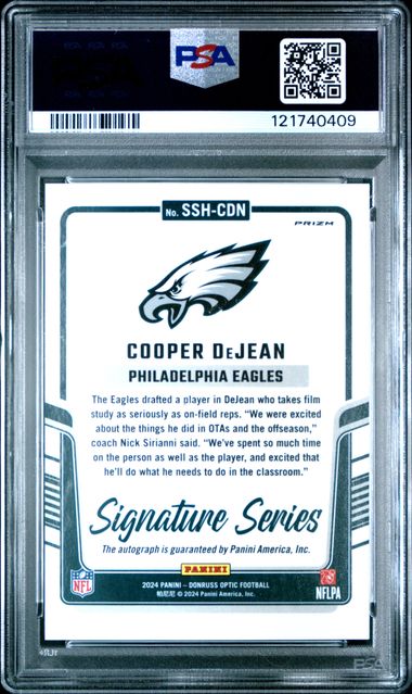 Graded 2024 Panini Donruss Optic Signature Series Cooper DeJean #SSHCDN Auto Rookie RC Football Card PSA 10 Gem Mint