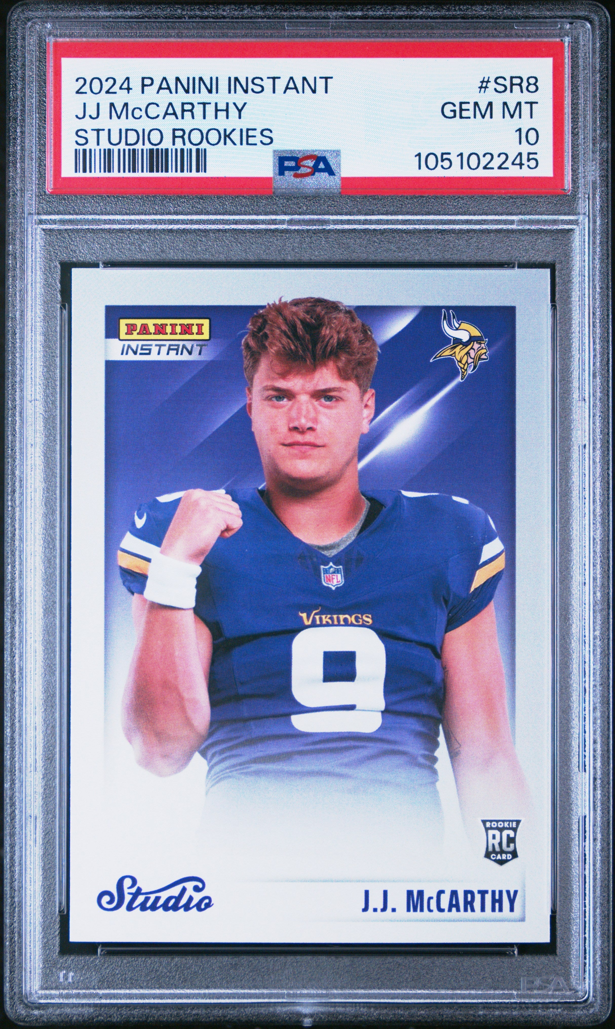 Graded 2024 Panini Instant JJ McCarthy #SR8 Studio Rookies /1672 Rookie RC Football Card PSA 10 Gem Mint