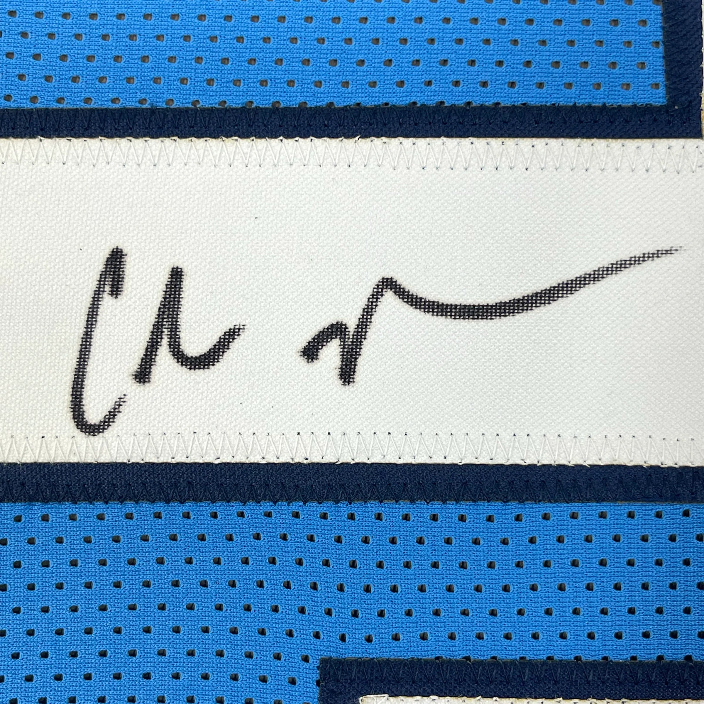 Framed Autographed/Signed Chris Johnson 35x39 Tennessee Powder Blue Football Jersey JSA COA