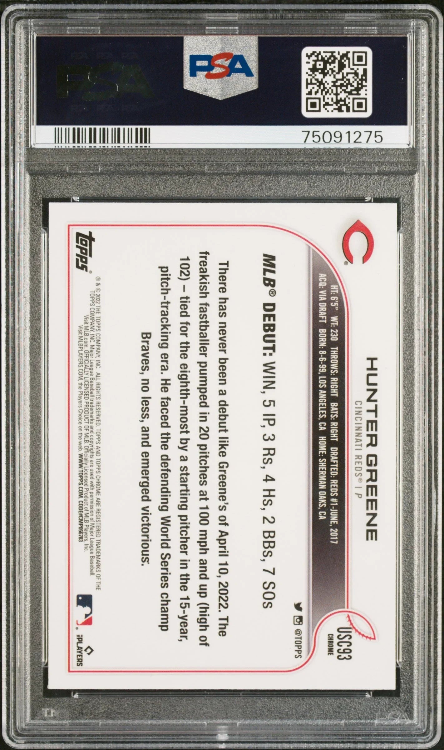 Graded 2022 Topps Chrome Update Hunter Greene #USC93 Rookie RC Baseball Card PSA 10 Gem Mint