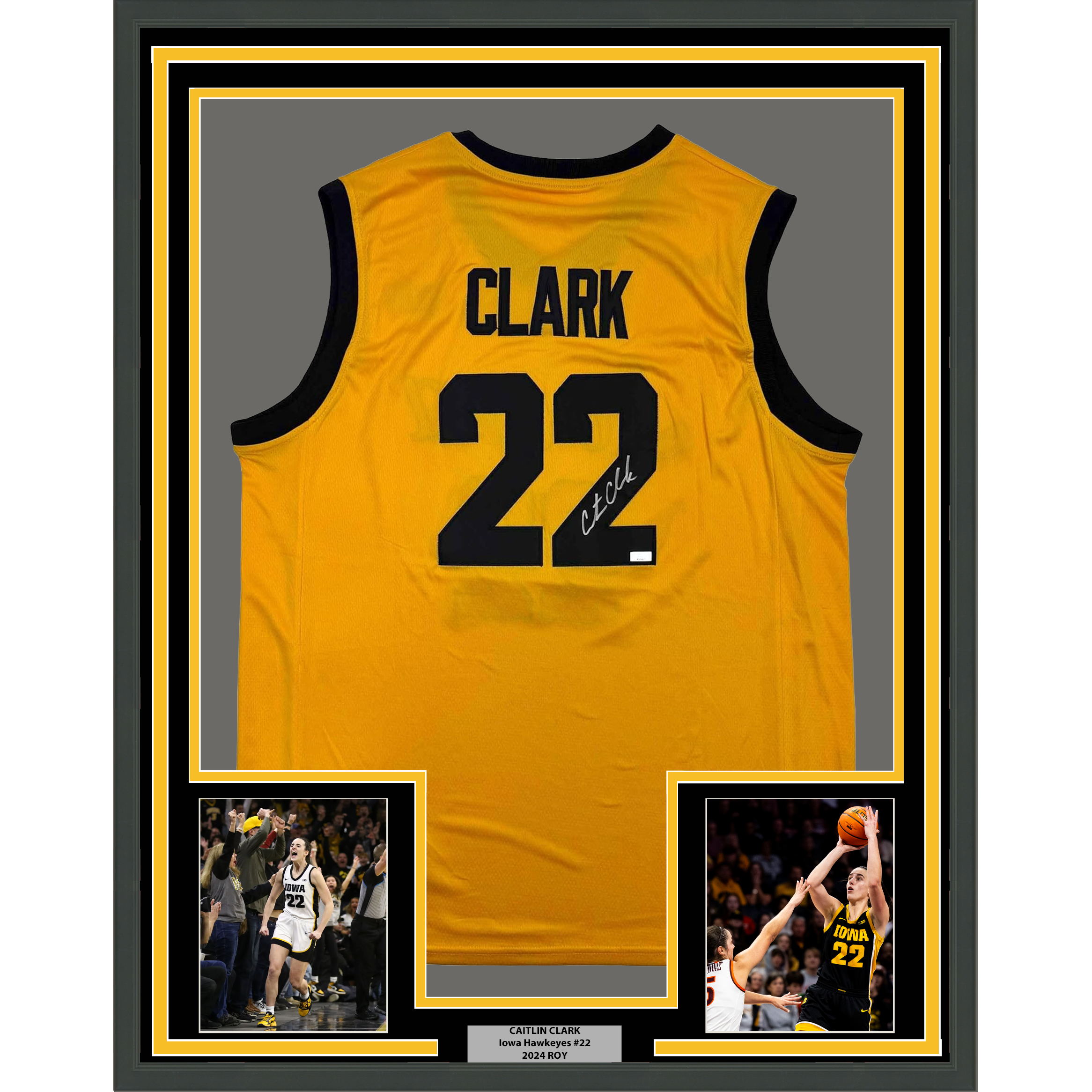 Framed Autographed/Signed Caitlin Clark 35x39 Iowa Yellow Basketball Jersey Panini COA