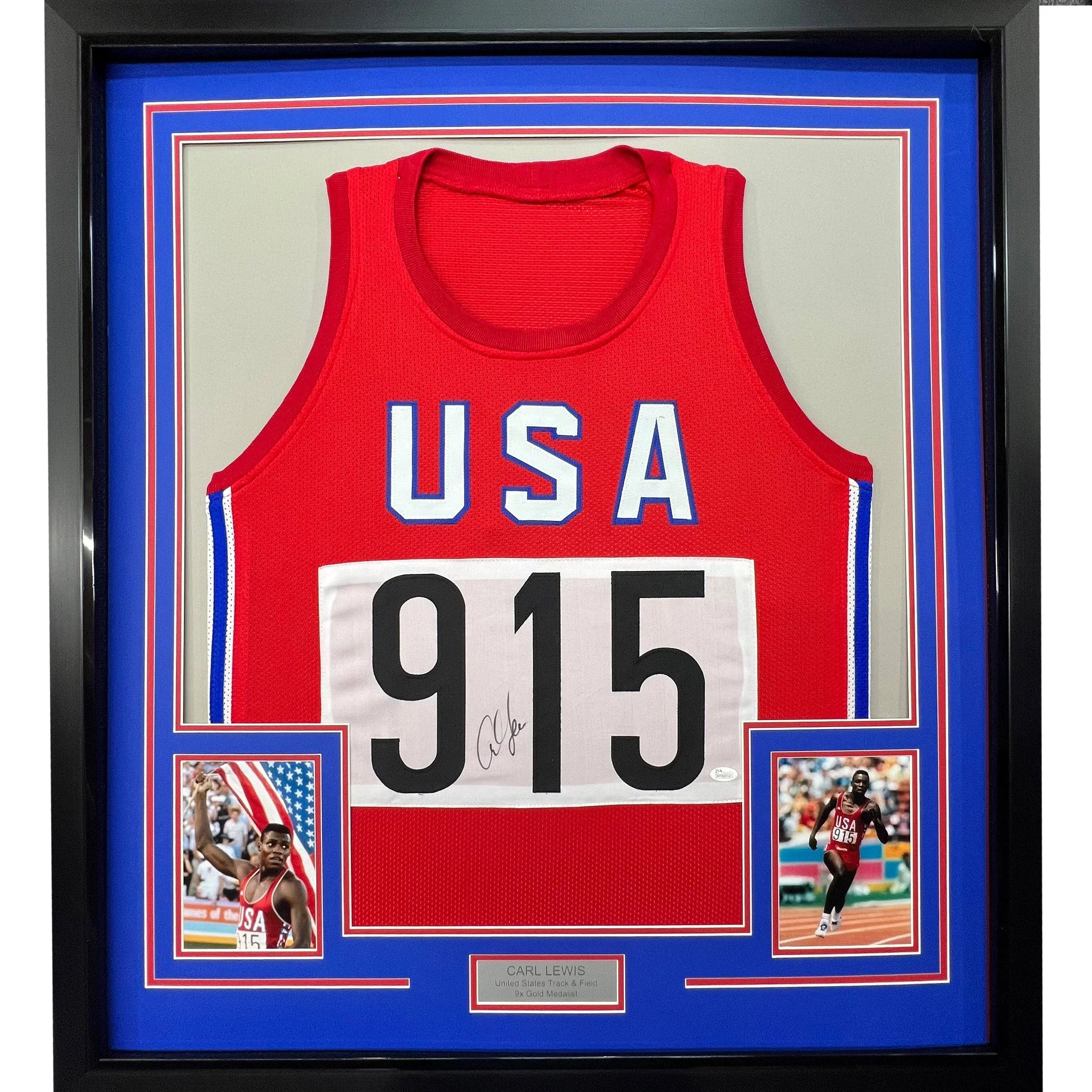 Framed Autographed/Signed Carl Lewis 35x39 United States USA Red Track & Field Jersey JSA COA
