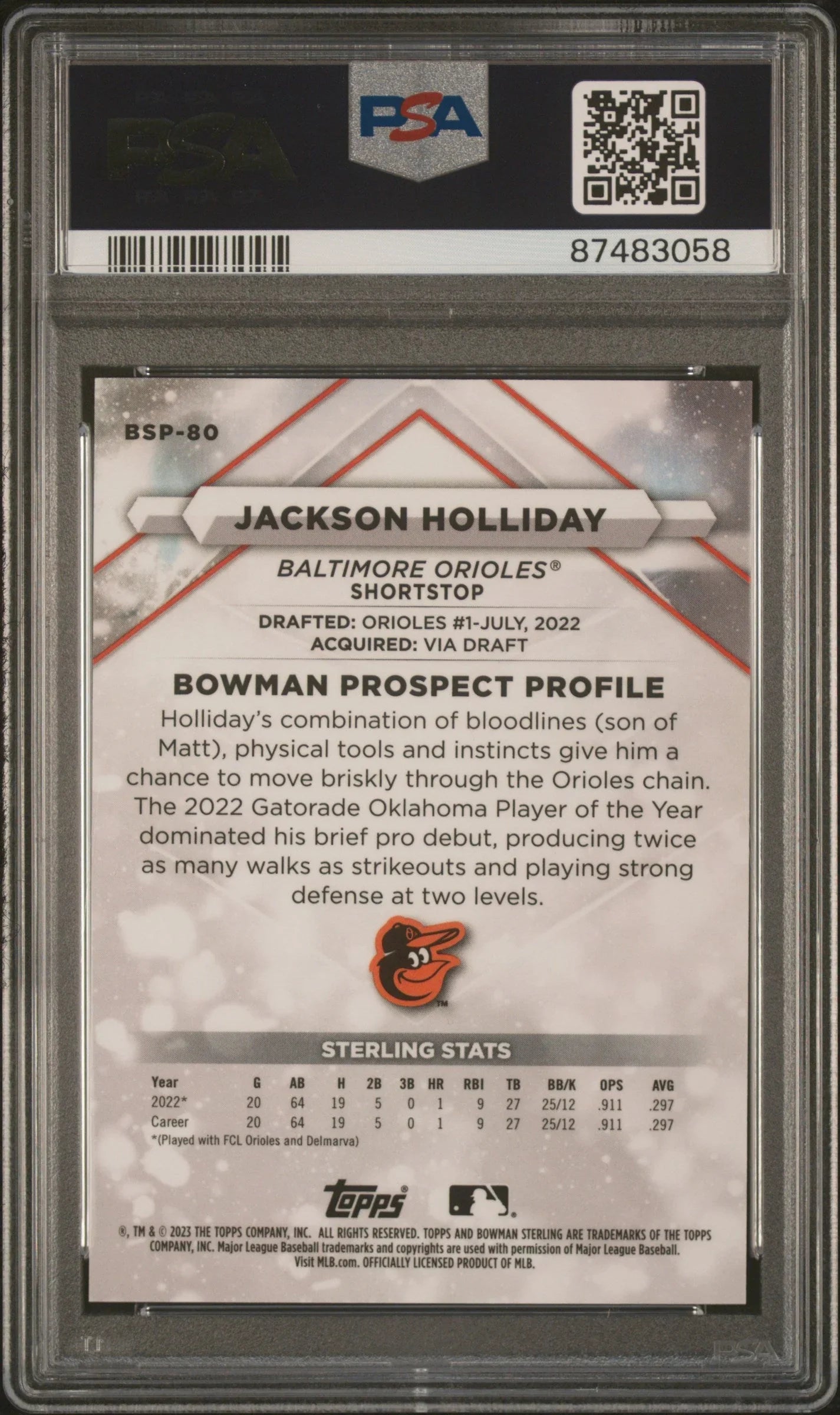 Graded 2023 Topps Bowman Sterling Jackson Holliday #BSP80 Mini Diamond /150 Rookie RC Baseball Card PSA 10 Gem Mint