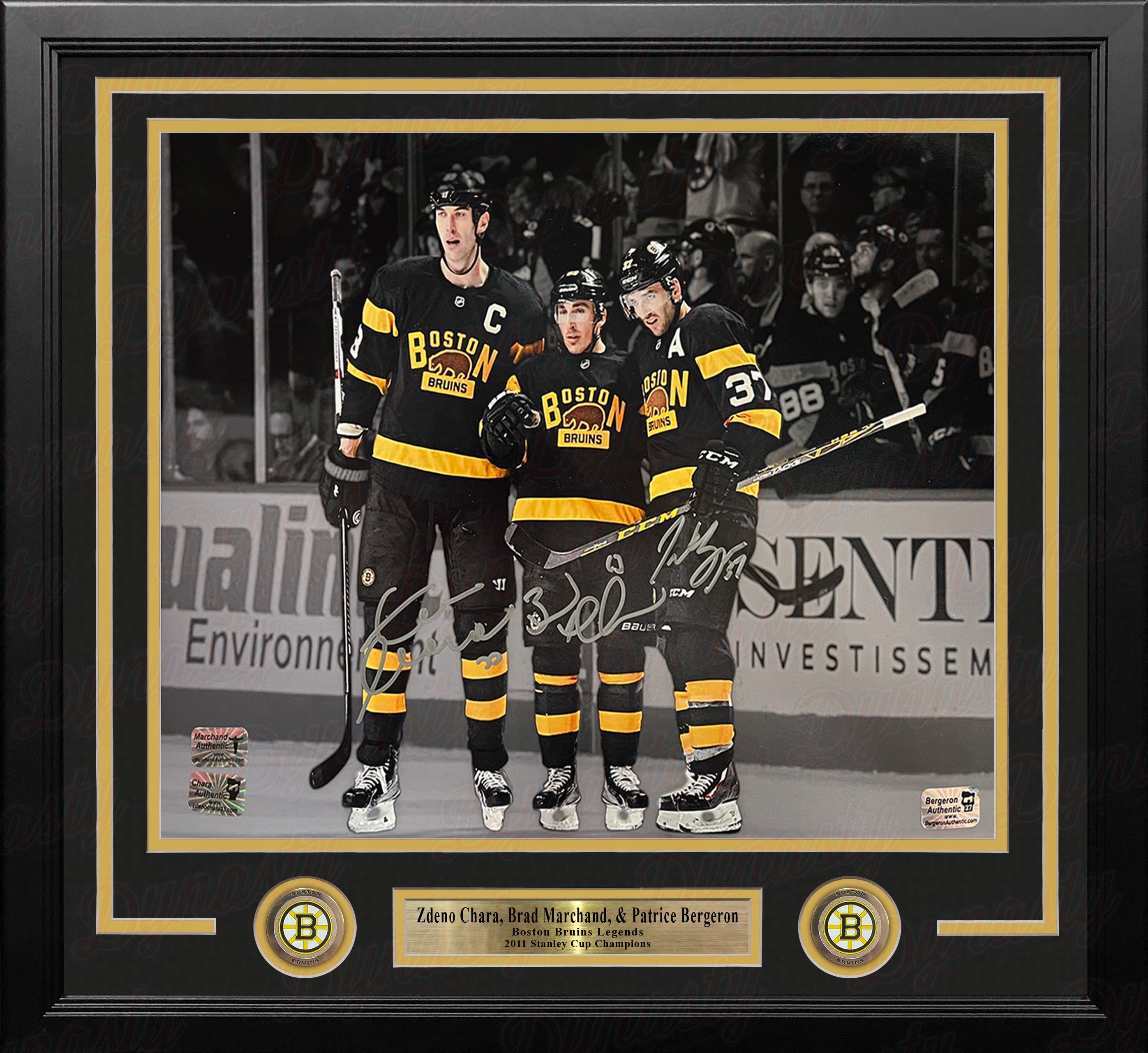 Zdeno Chara, Brad Marchand, Patrice Bergeron Boston Bruins Autographed 11x14 Framed Blackout Photo