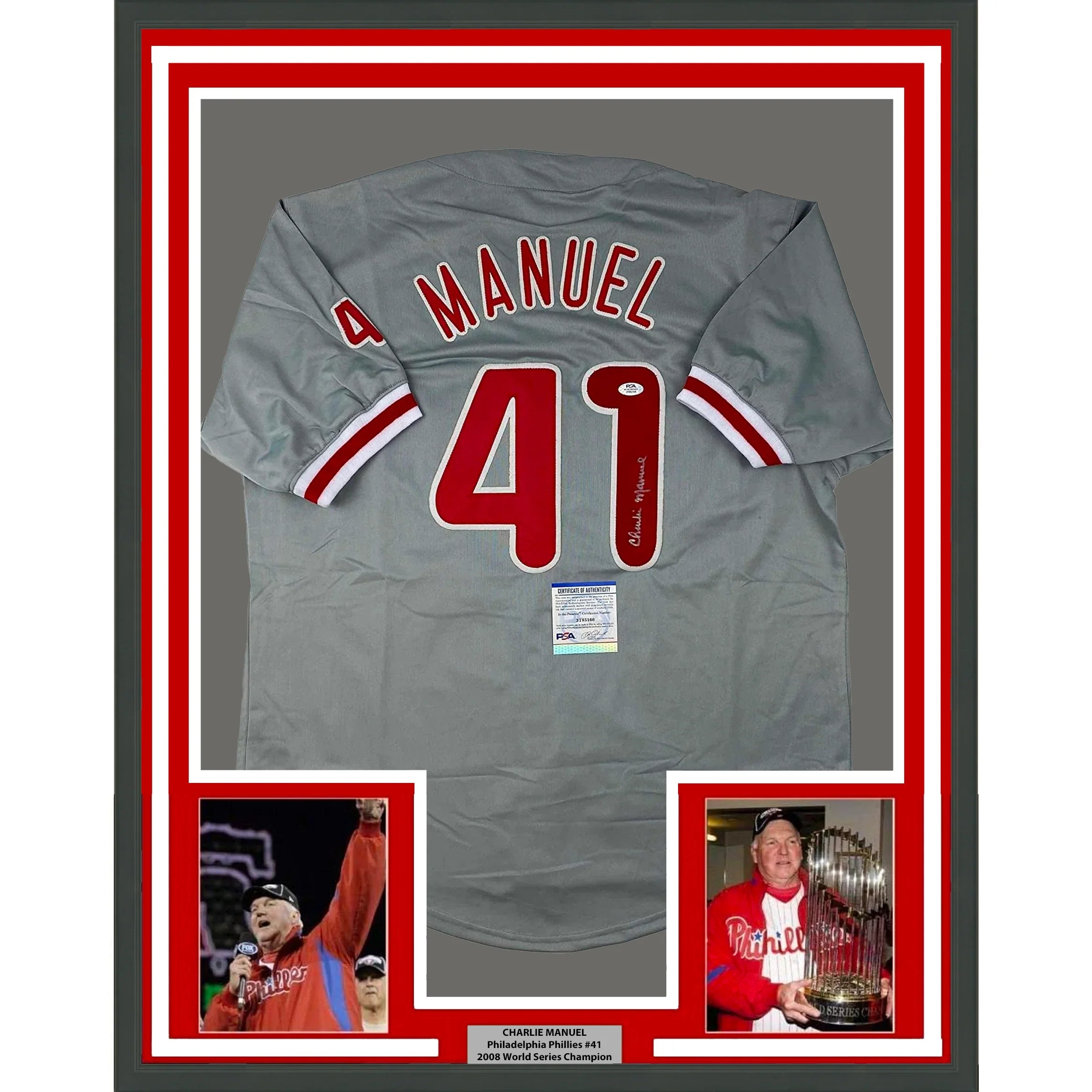 Framed Autographed/Signed Charlie Manuel 35x39 Philadelphia Grey Baseball Jersey PSA/DNA COA