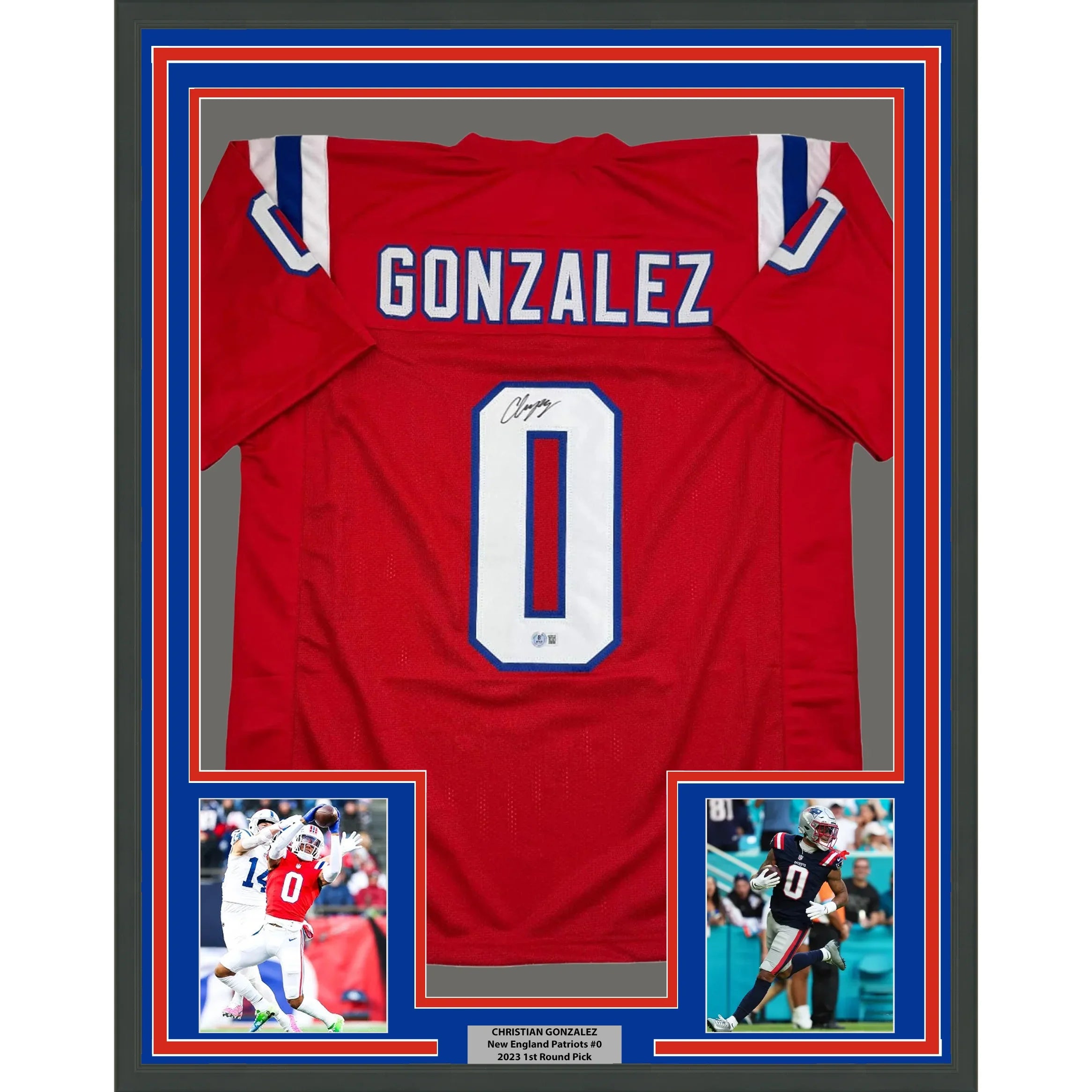 Framed Autographed/Signed Christian Gonzalez 35x39 New England Red Football Jersey Beckett BAS COA