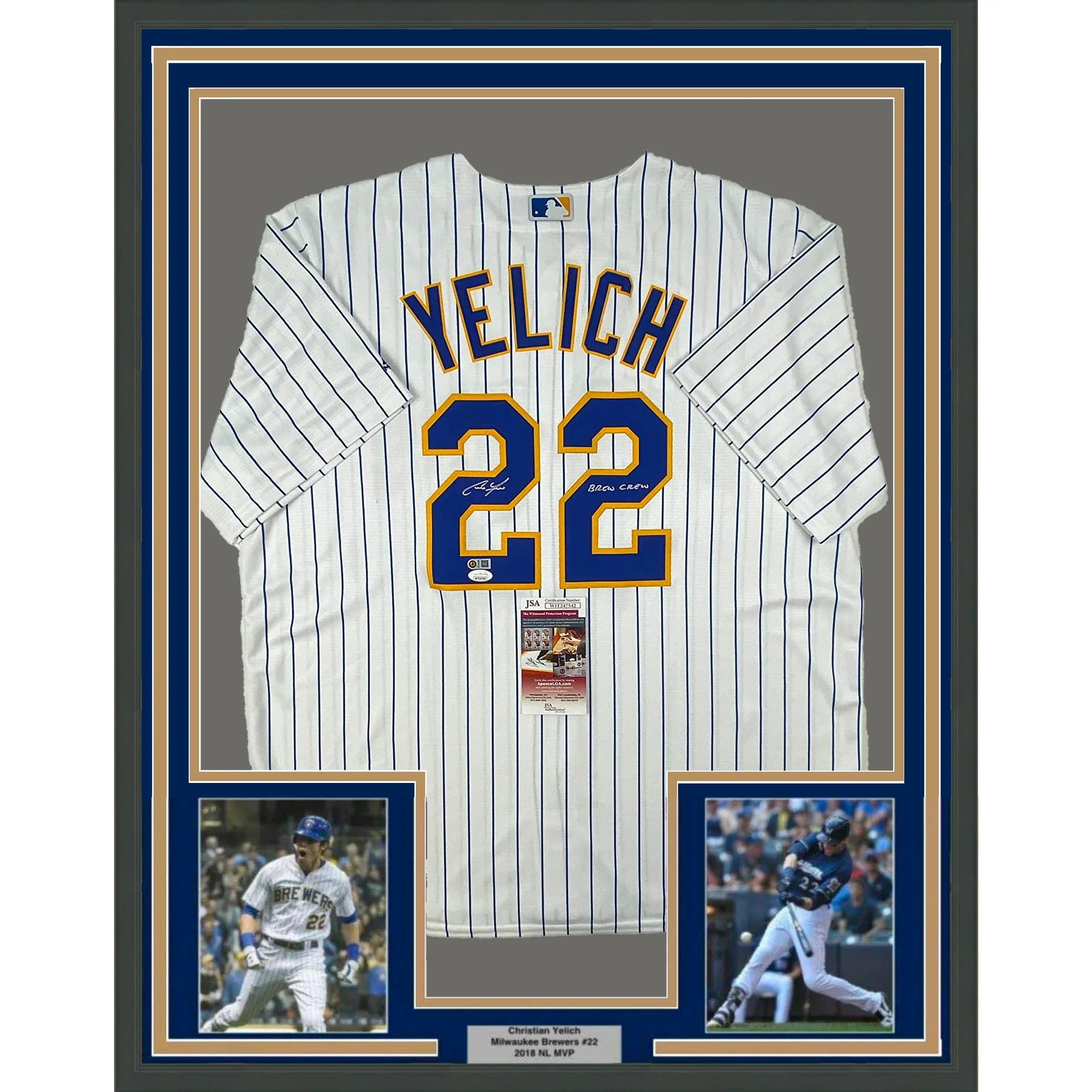 Framed Autographed/Signed Christian Yelich 35x39 Brew Crew Milwaukee Brewers Pinstripe Cool Base Baseball Jersey JSA COA