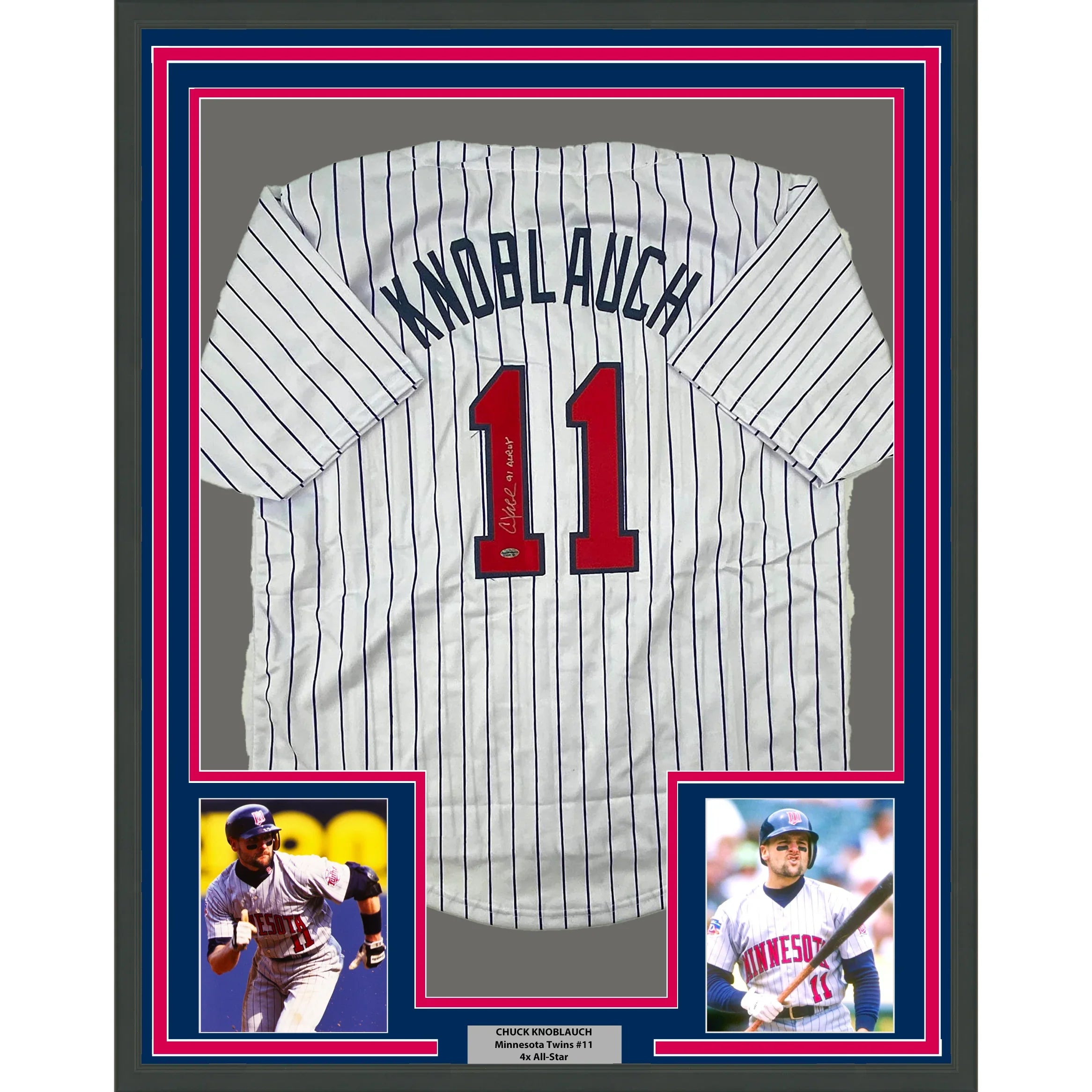 Framed Autographed/Signed Chuck Knoblauch 35x39 Minnesota Pinstripe Baseball Jersey Leaf Authentic COA