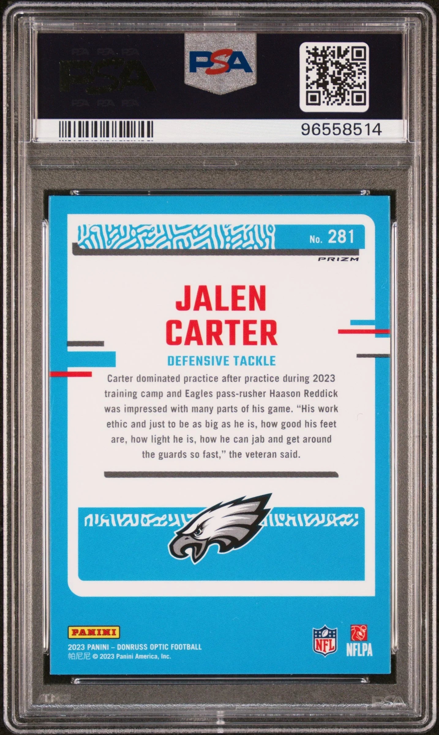 Graded 2023 Panini Donruss Optic Jalen Carter #281 Green Hyper Rookie RC Football Card PSA 10