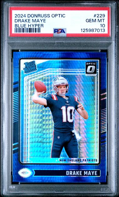 Graded 2024 Panini Donruss Optic Blue Hyper Drake Maye #229 Rookie RC Football Card PSA 10 Gem Mint
