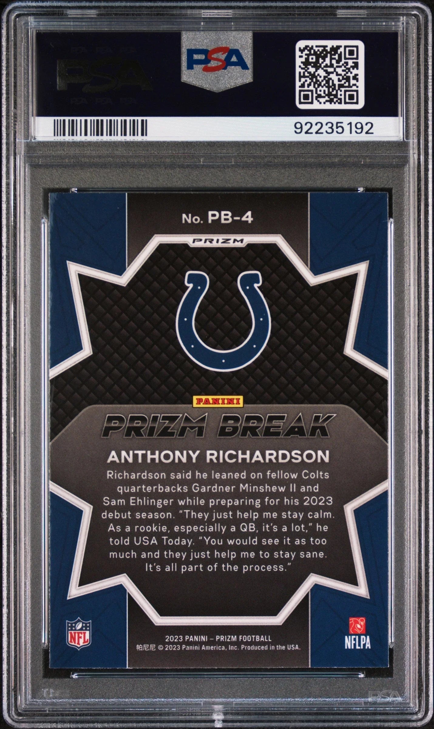 Graded 2023 Panini Prizm Anthony Richardson #PB4 Prizm Break Green Rookie RC Football Card PSA 10 Gem Mint