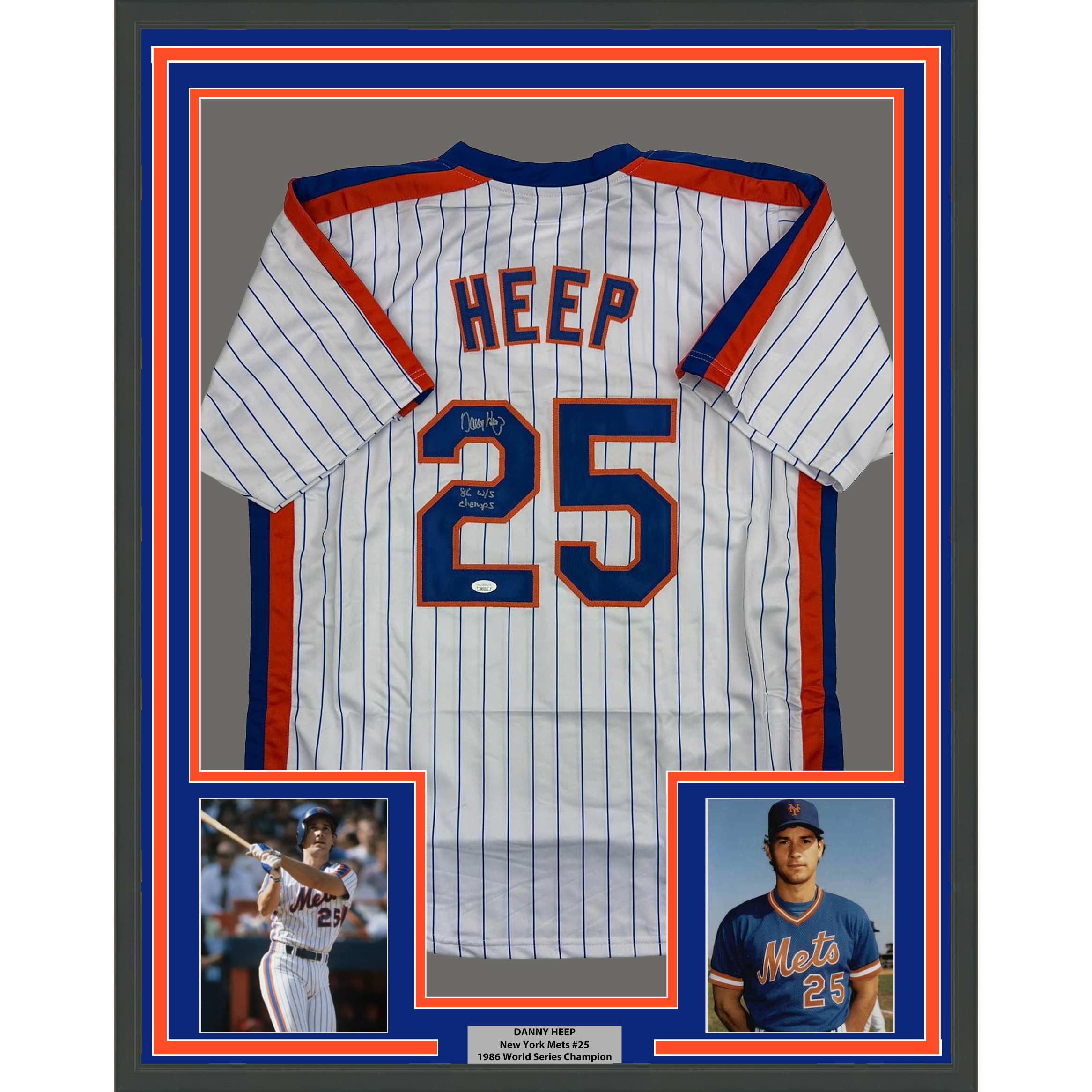 Framed Autographed/Signed Danny Heep 35x39 86 WS Champs New York Pinstripe Baseball Jersey JSA COA
