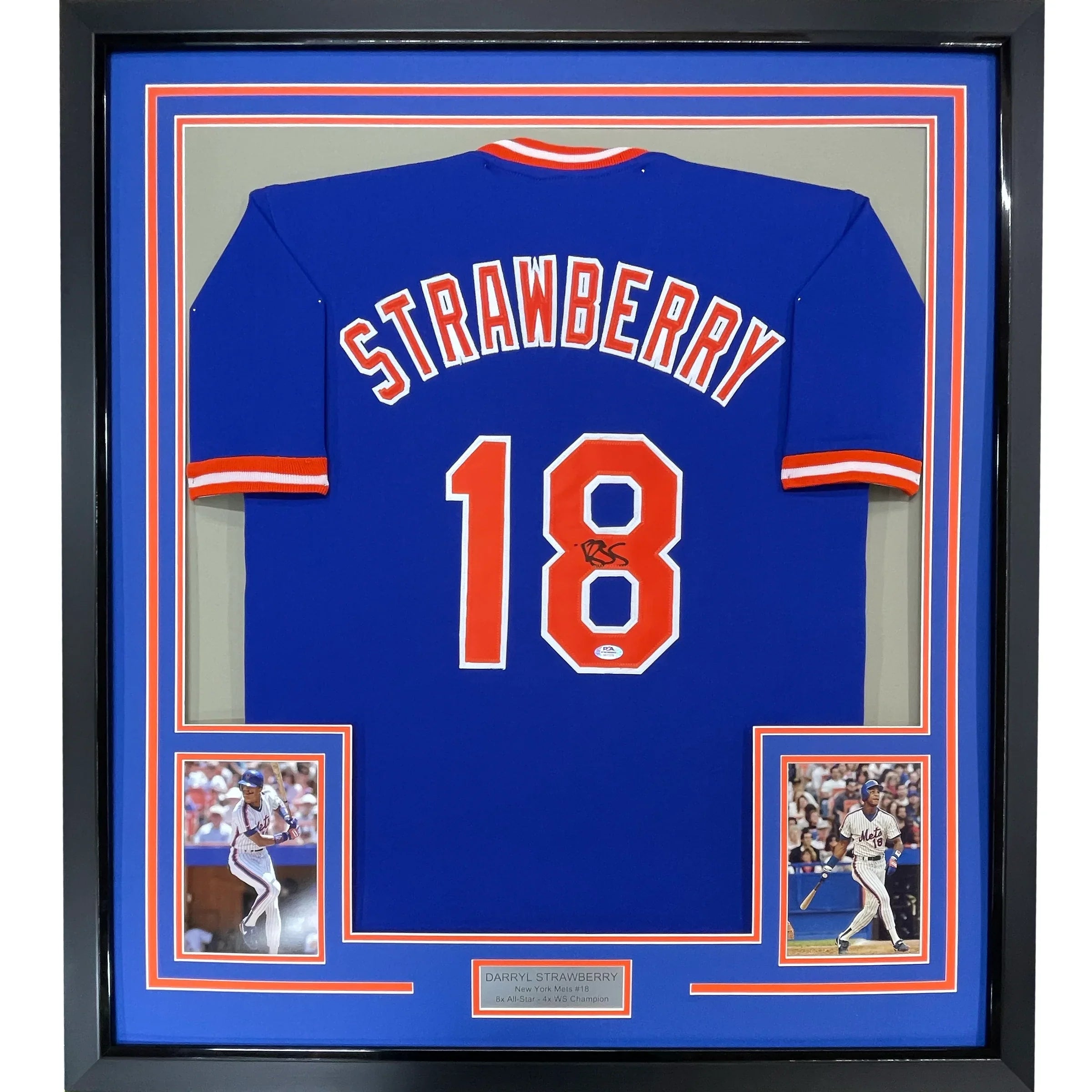 Framed Autographed/Signed Darryl Strawberry 35x39 New York Blue Baseball Jersey PSA/DNA COA