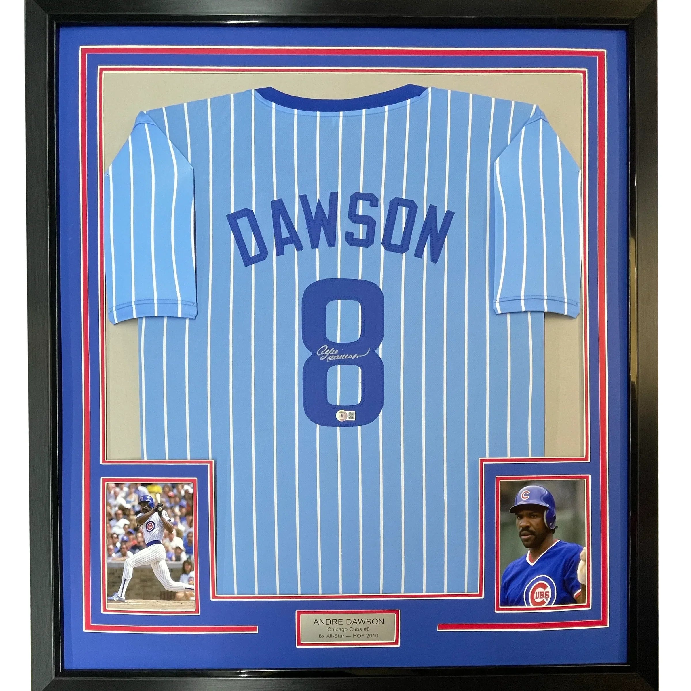 Framed Autographed/Signed Andre Dawson 35x39 Chicago Pinstripe Blue Baseball Jersey JSA COA
