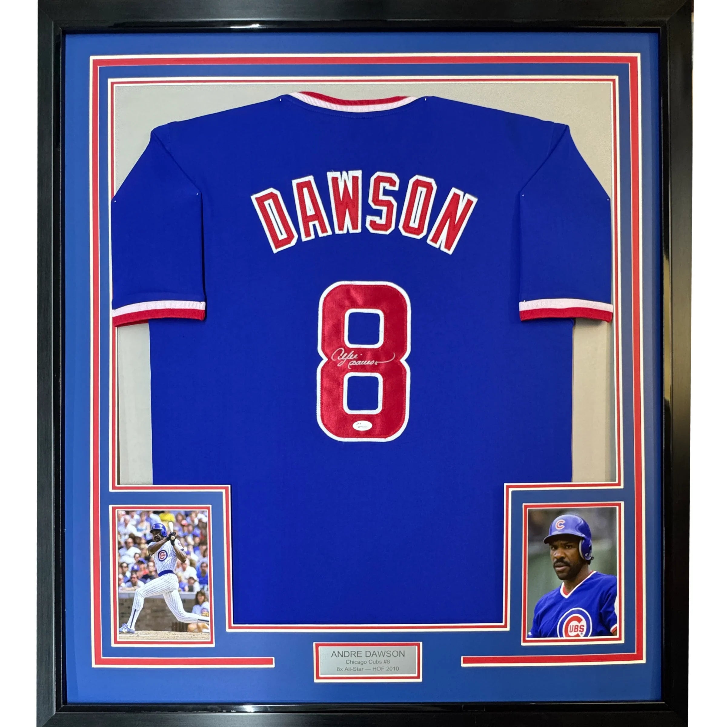 Framed Autographed/Signed Andre Dawson 35x39 Chicago Blue Baseball Jersey JSA COA