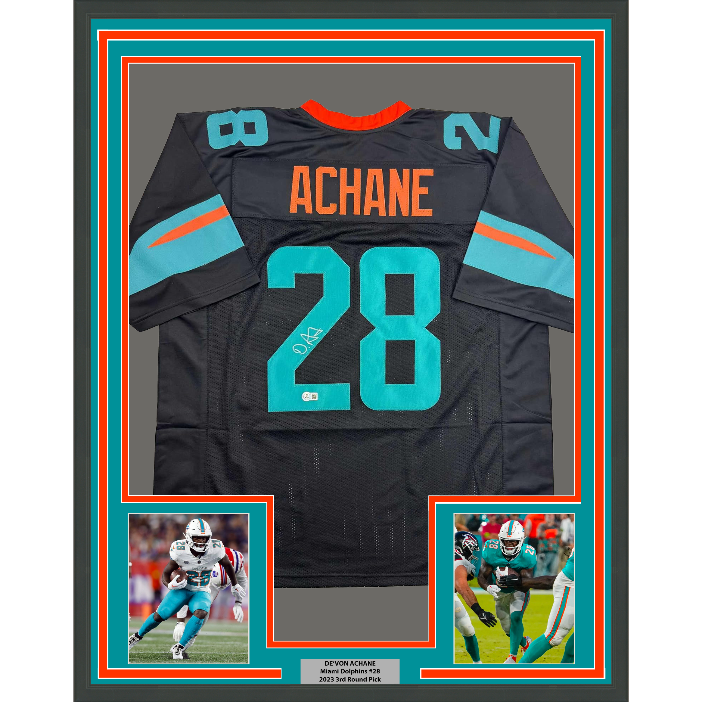 Framed Autographed/Signed De'Von DeVon Achane 35x39 Miami Black Football Jersey Beckett BAS COA
