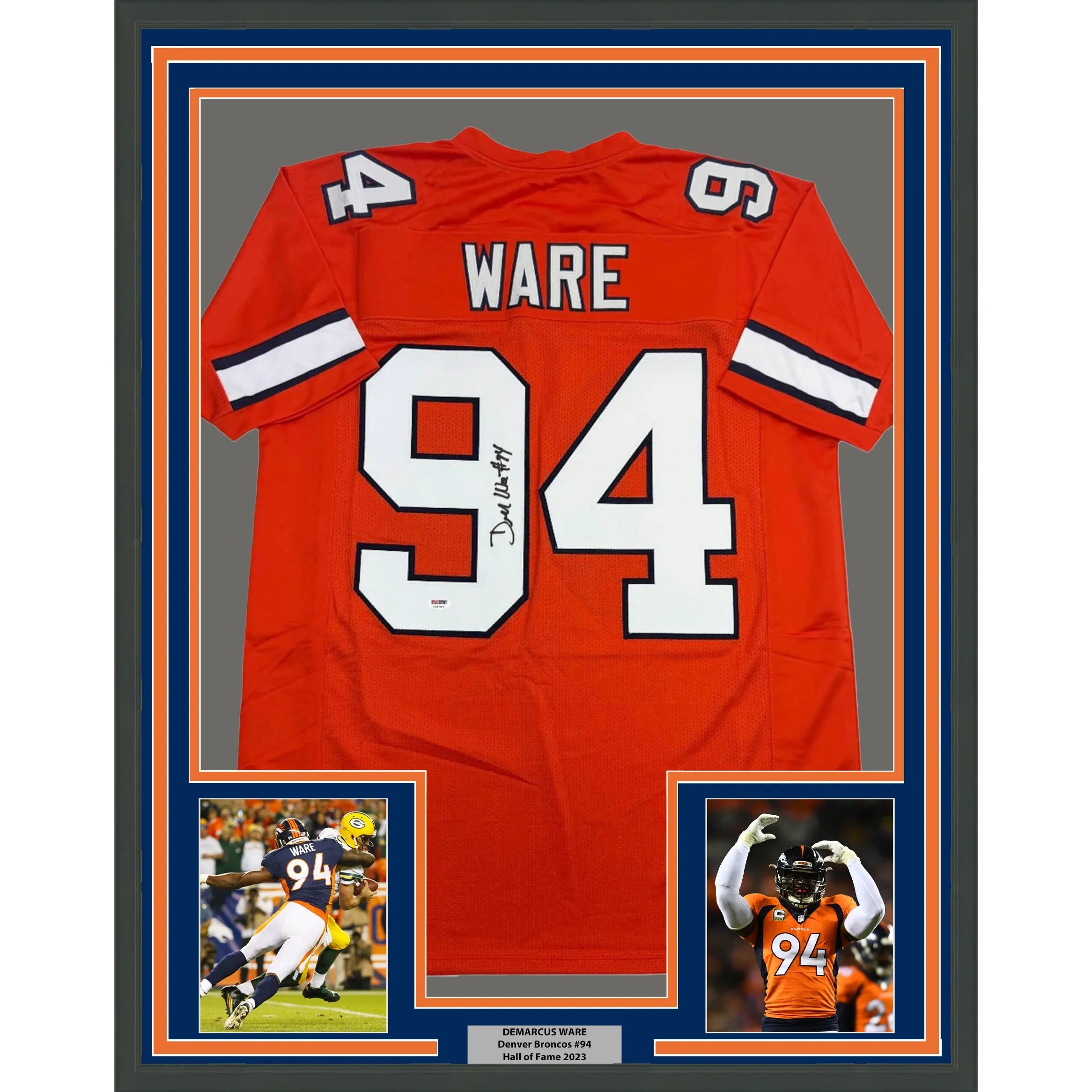 Framed Autographed/Signed Demarcus Ware 35x39 Denver Orange Football Jersey PSA COA