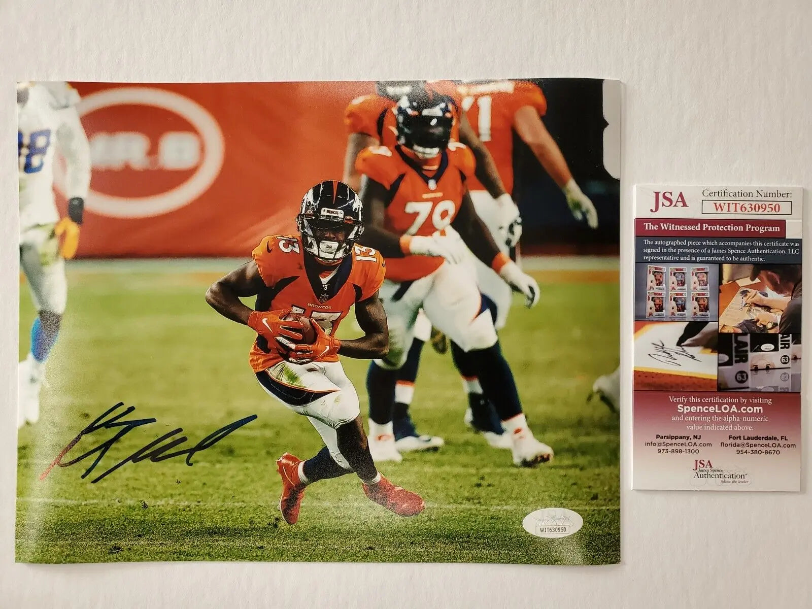 Denver Broncos Kj Hamler Autographed Signed 8X10 Photo Jsa Coa
