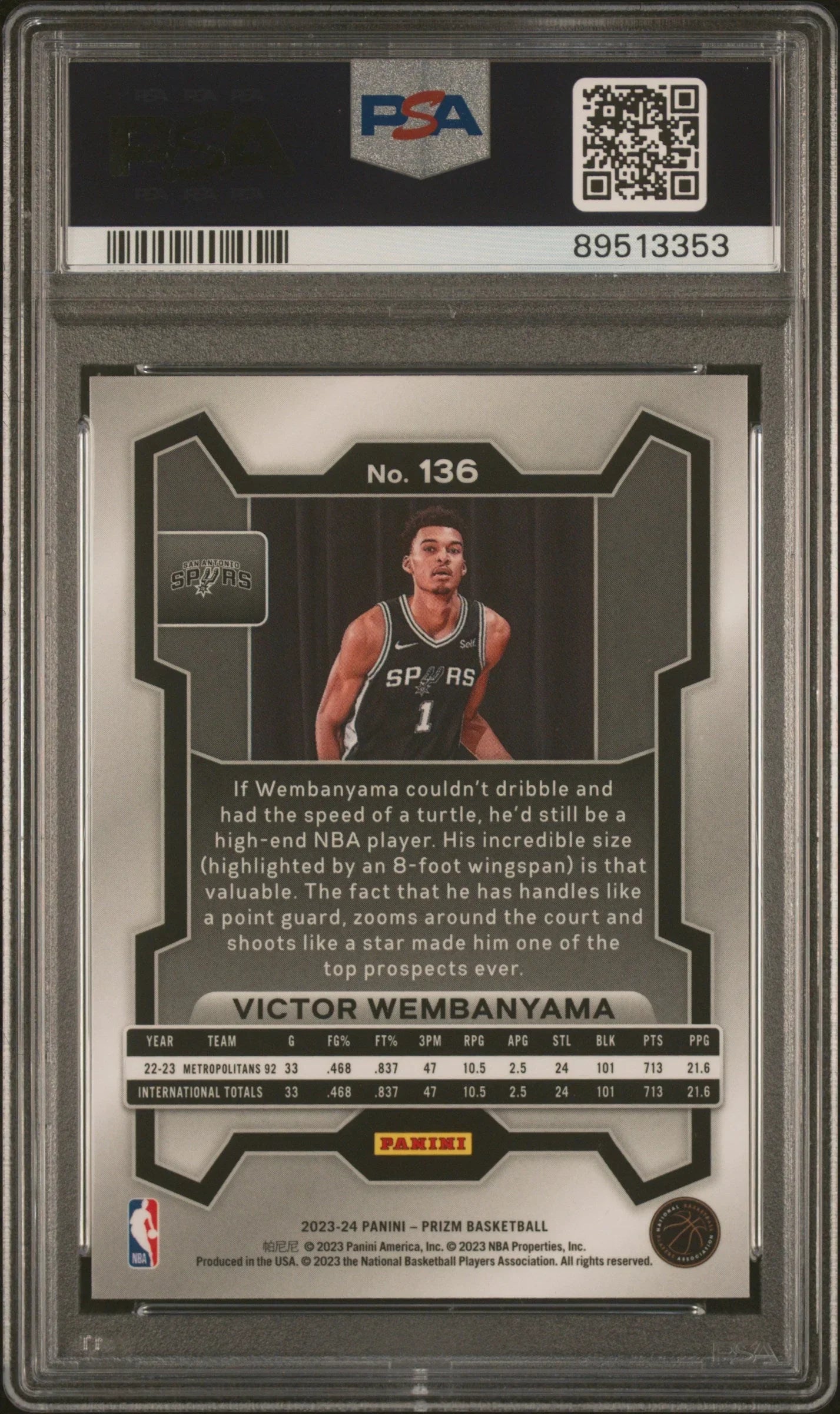 Graded 2023 Panini Prizm Victor Wembanyama #136 Rookie RC Basketball Card PSA 10 Gem Mint