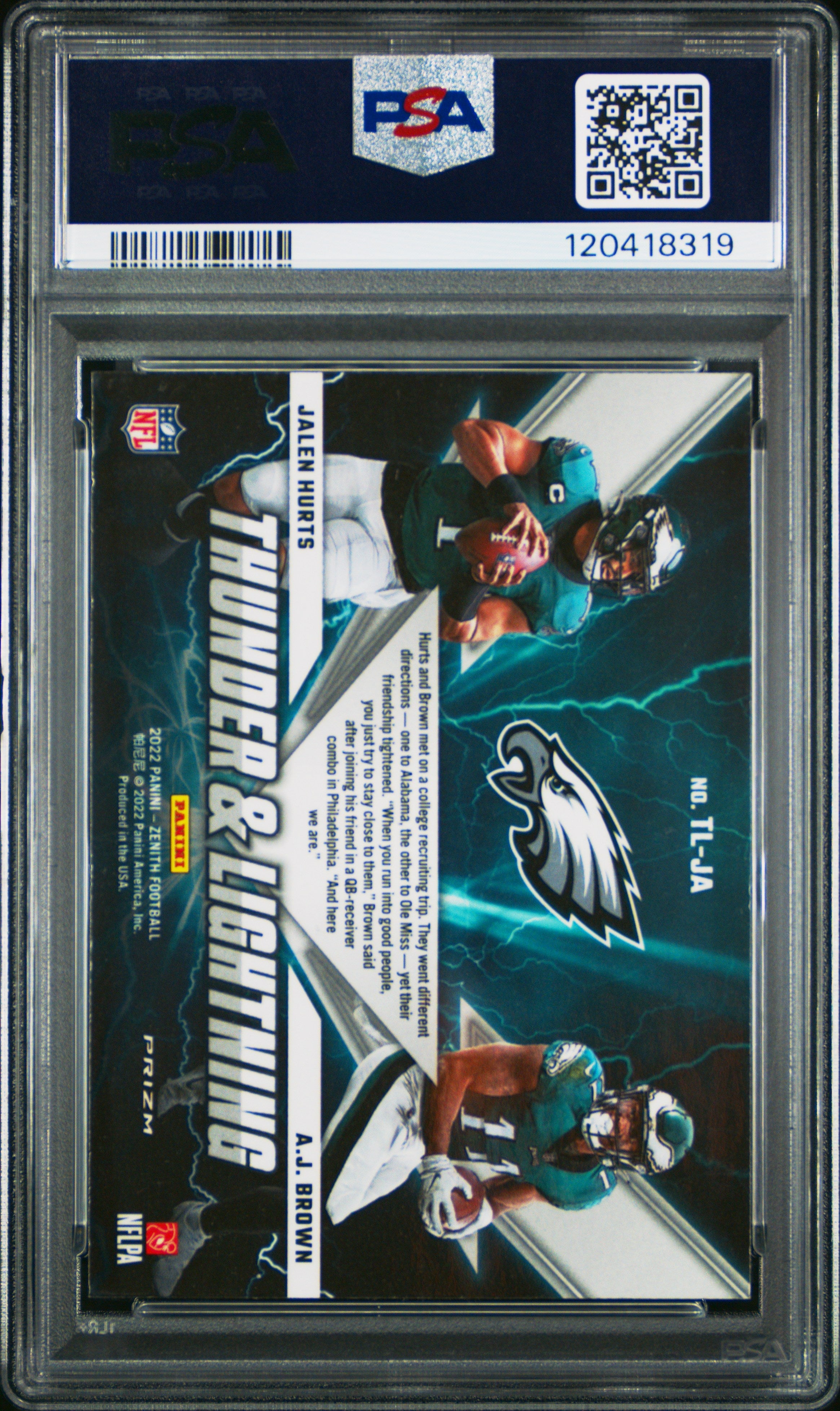 Graded 2022 Panini Zenith AJ Brown/Jalen Hurts #TLJA Thunder & Lightning Football Card PSA 10 Gem Mint
