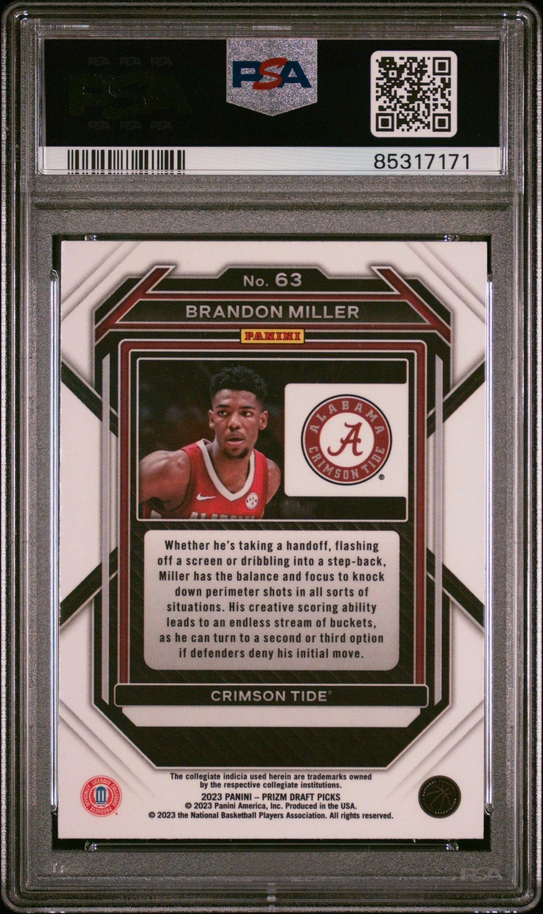 Graded 2023 Panini Prizm Draft Picks Brandon Miller #63 Rookie RC Basketball Card PSA 10 Gem Mint
