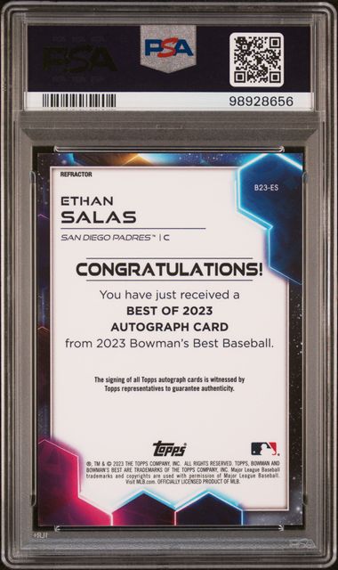 Graded 2023 Bowman's Best Ethan Salas #B23ES Best of 2023 Auto Refractor Rookie RC Baseball Card PSA 9 Mint