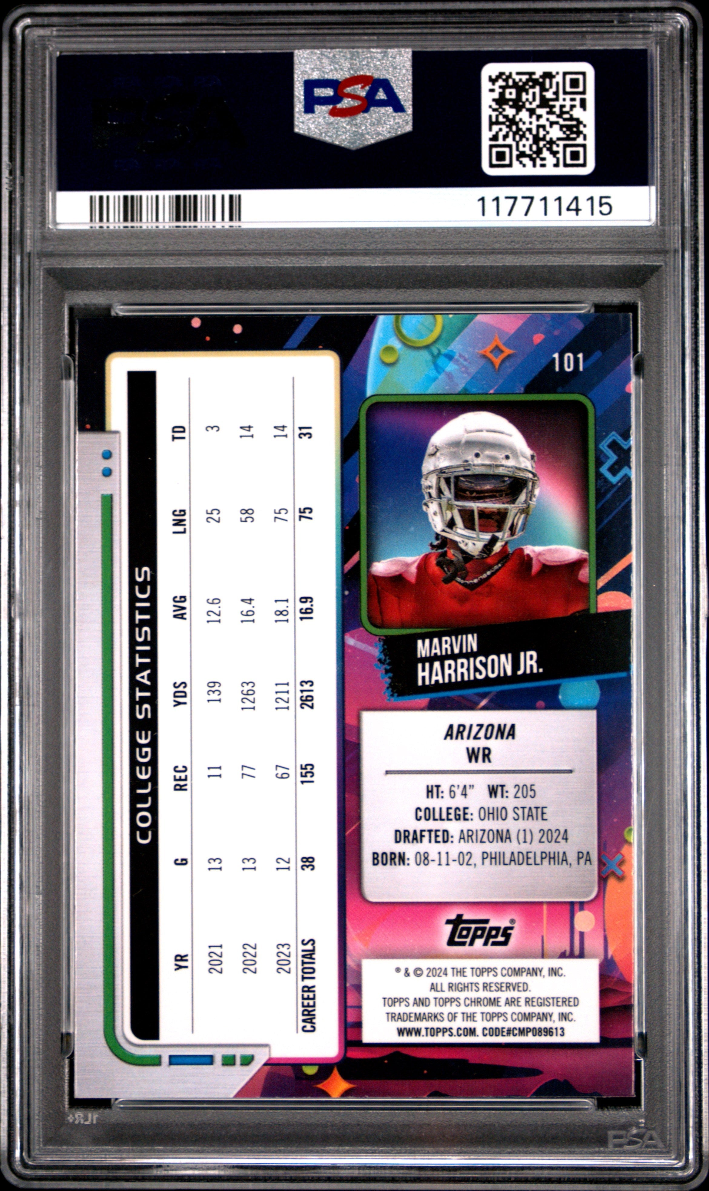 Graded 2024 Topps Cosmic Chrome Marvin Harrison Jr #101 Rookie RC Football Card PSA 10 Gem Mint